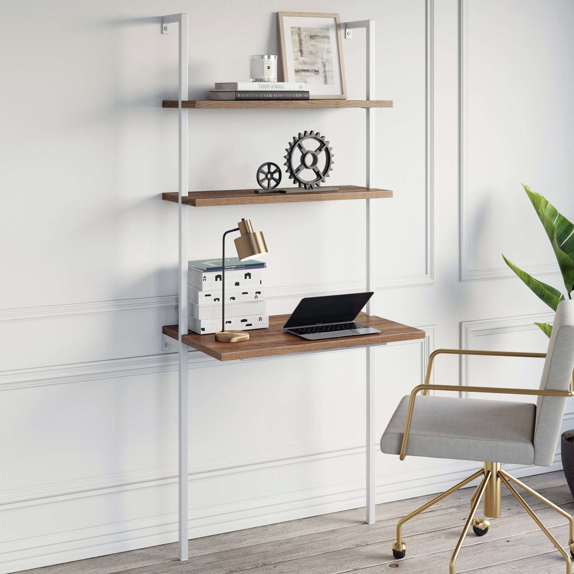 Wood Wall Mount Ladder 2-Shelf Desk Reclaimed Oak-Matte White