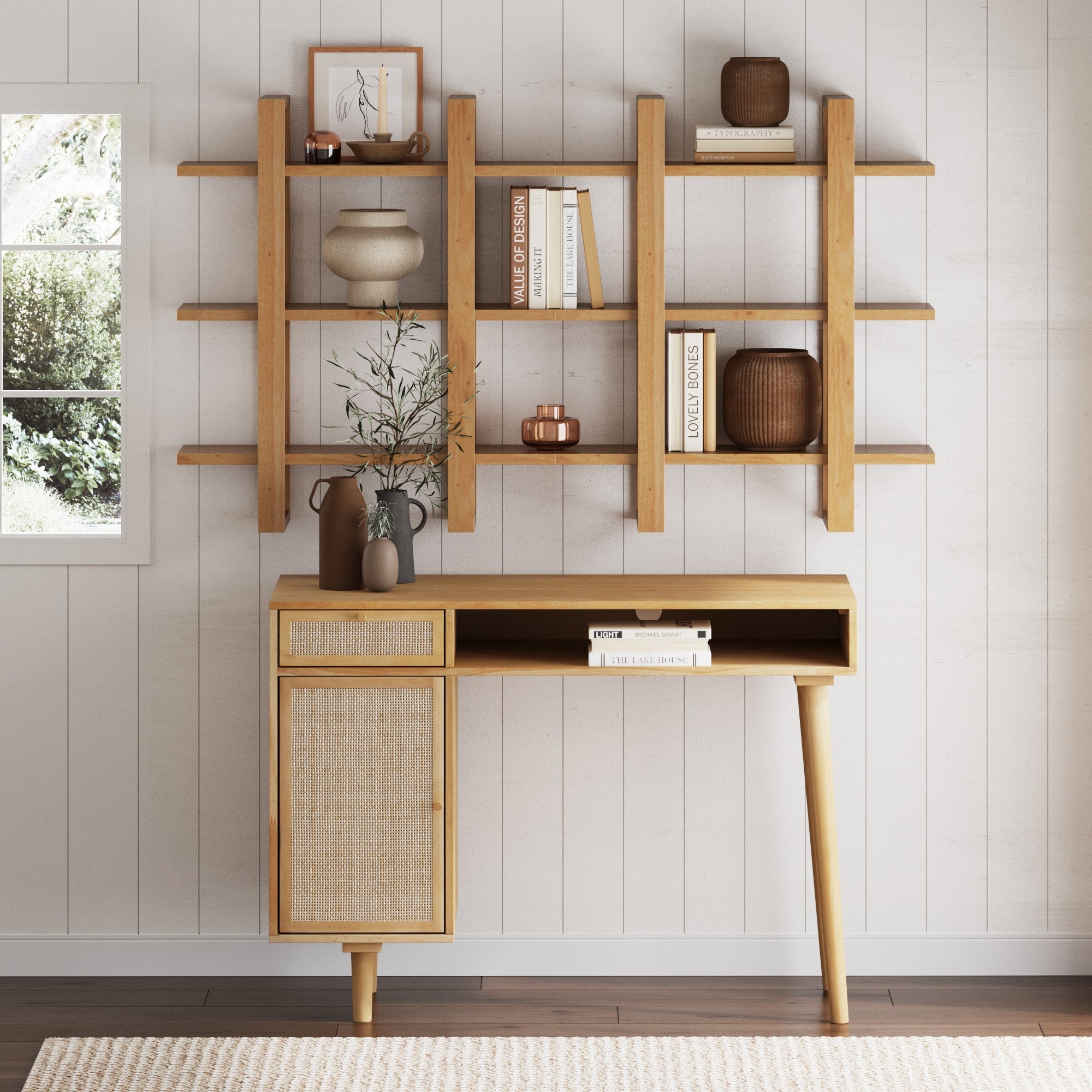 Solid Wood & Rattan Desk and Bookshelf Wall Unit