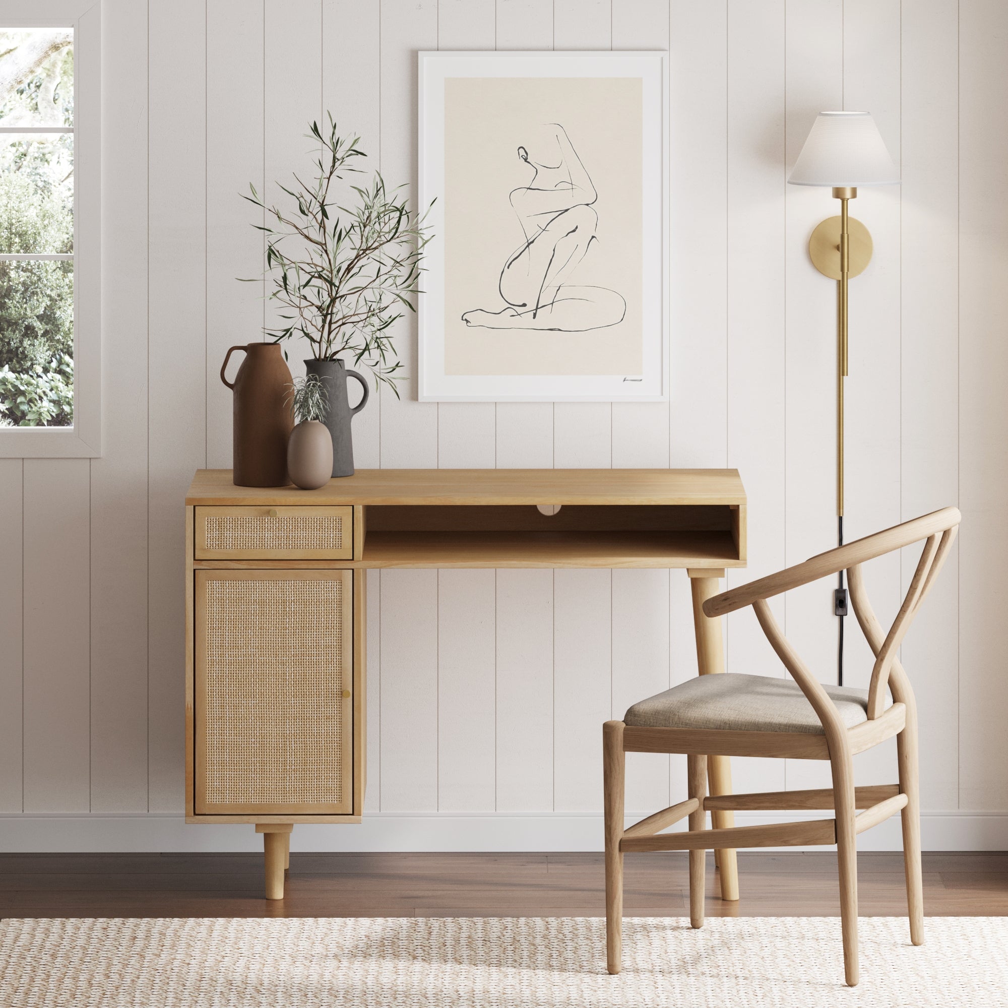 Boho Rattan & Wood Vanity Desk with Storage