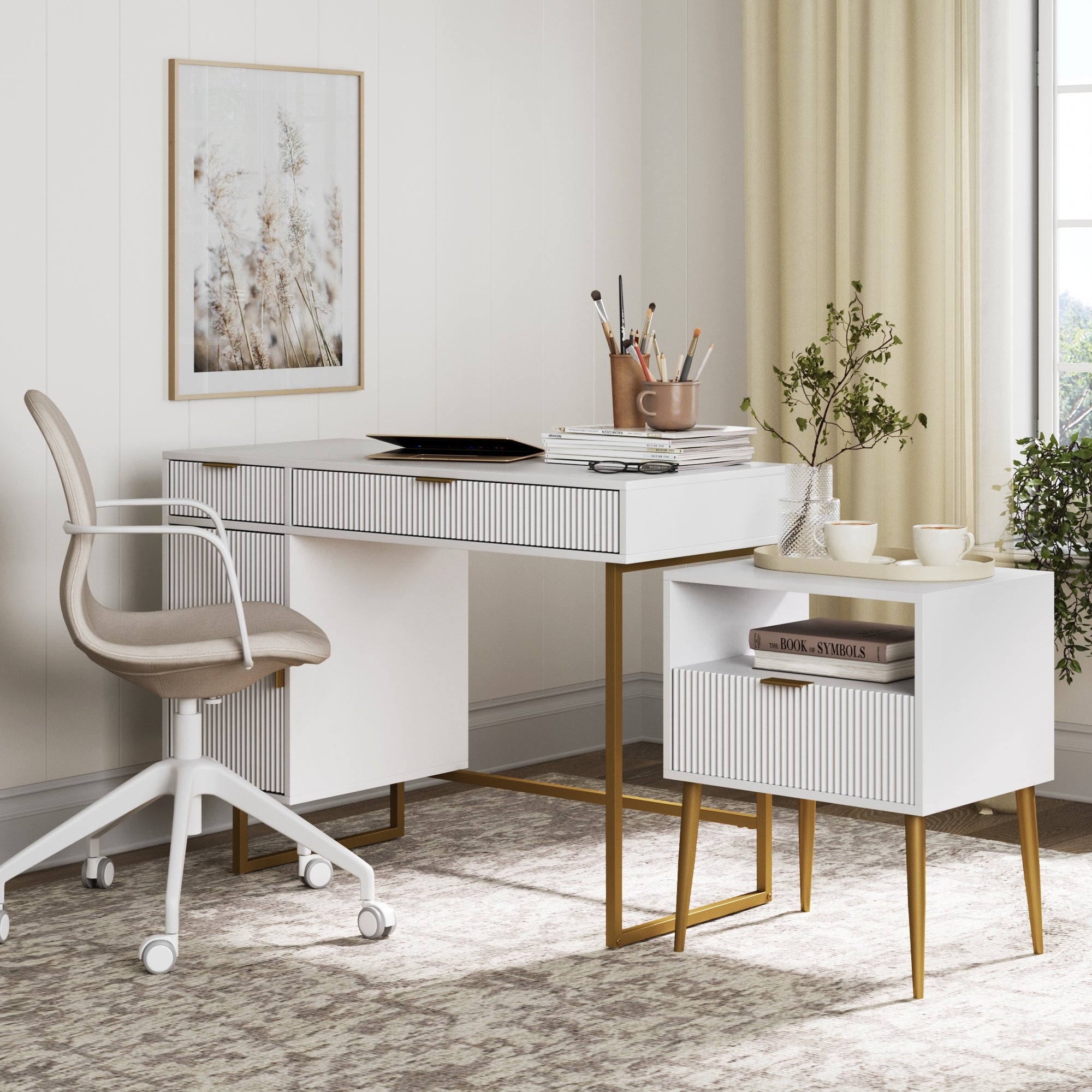 Fluted Desk & Nightstand Set w/ Metal Legs