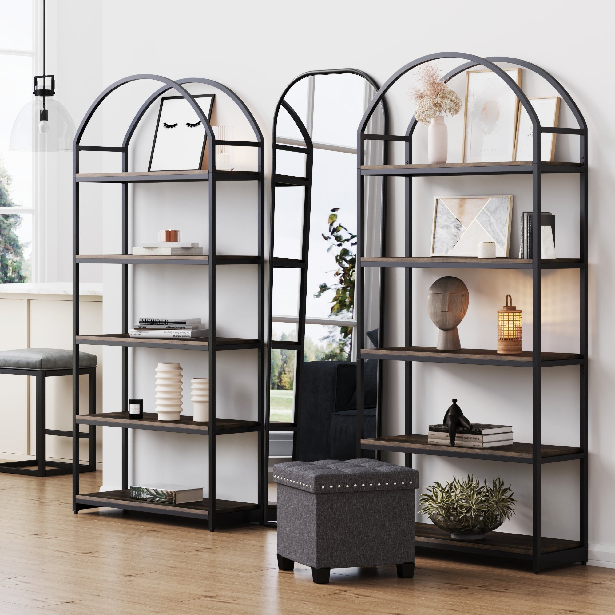 Metal 5-Shelf Arched Bookshelves Black (Set of 2)