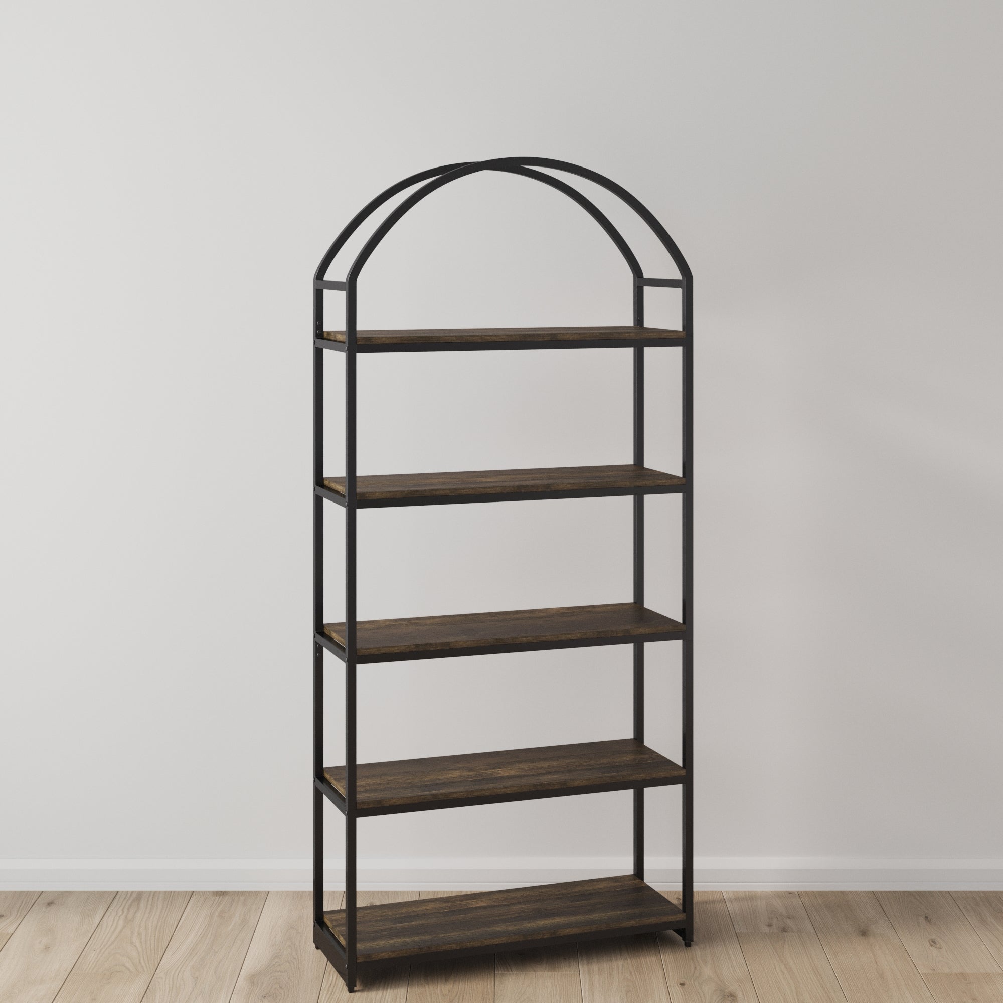 Wood & Metal 5-Shelf Arched Bookshelf Black