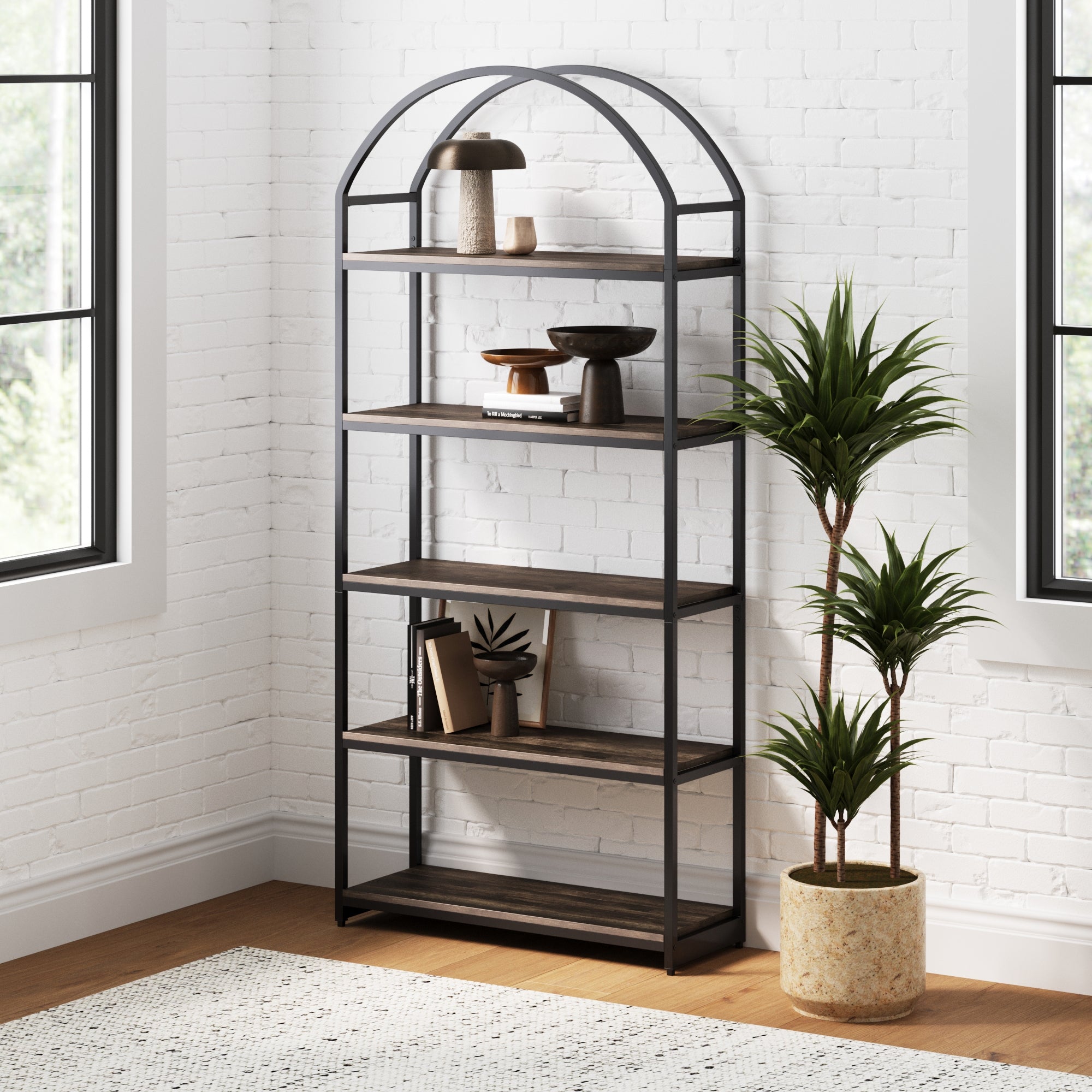 Wood & Metal 5-Shelf Arched Bookshelf Black