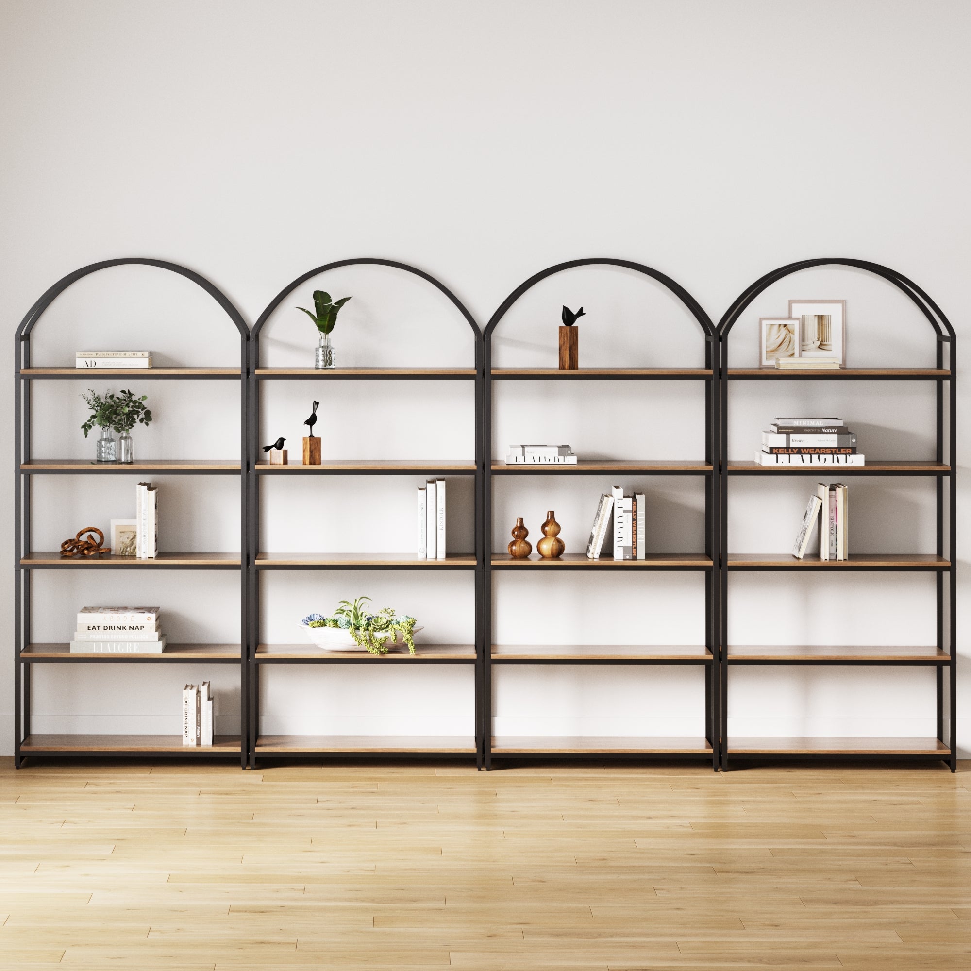 Metal 5-Shelf Arched Bookshelves Oak (Set of 4)