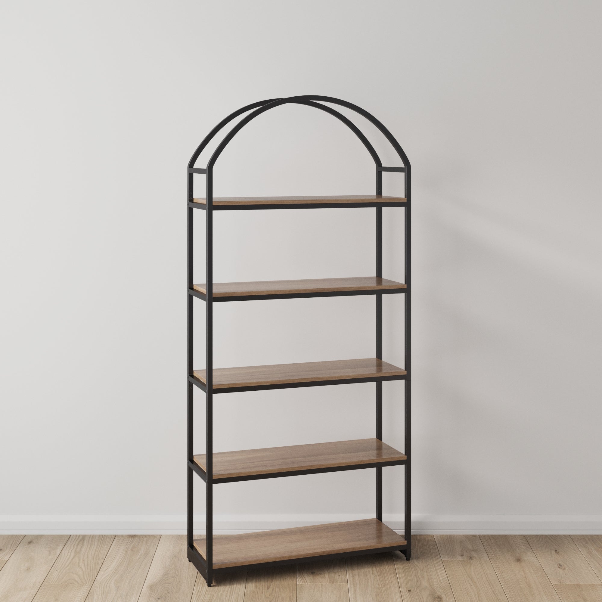 Wood & Metal 5-Shelf Arched Bookshelf Oak