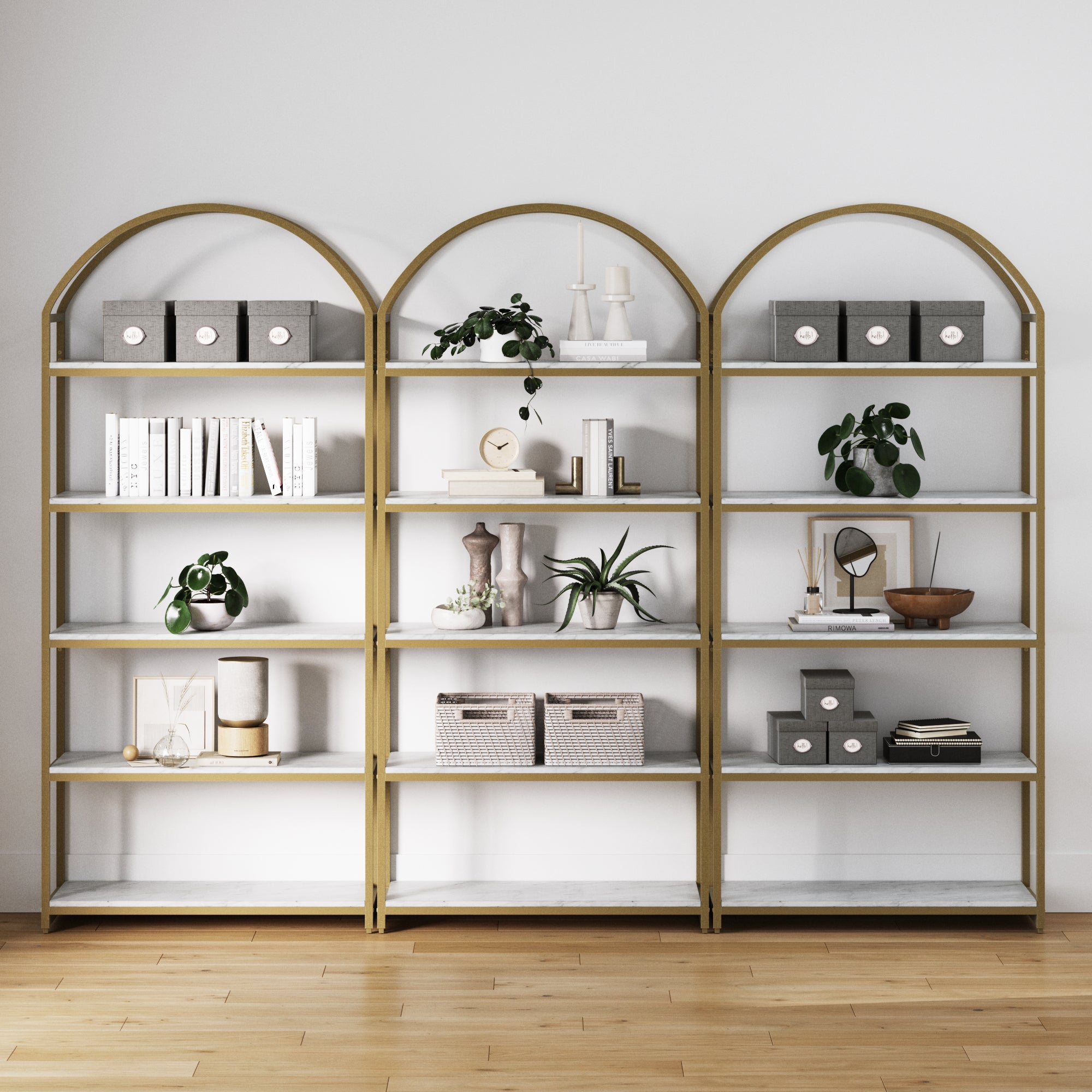 Metal 5-Shelf Arched Bookshelves Gold (Set of 3)