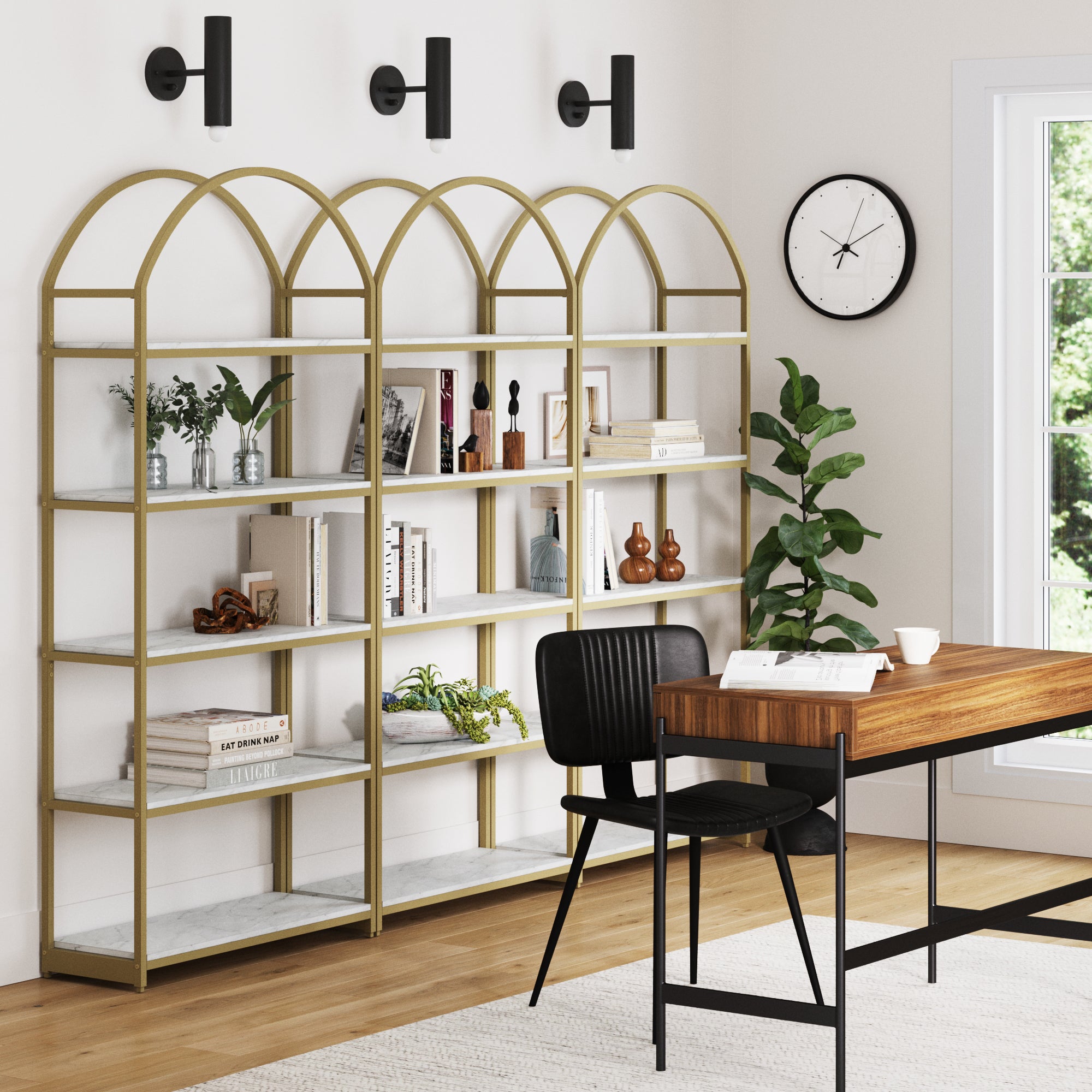 Metal 5-Shelf Arched Bookshelves Gold (Set of 3)