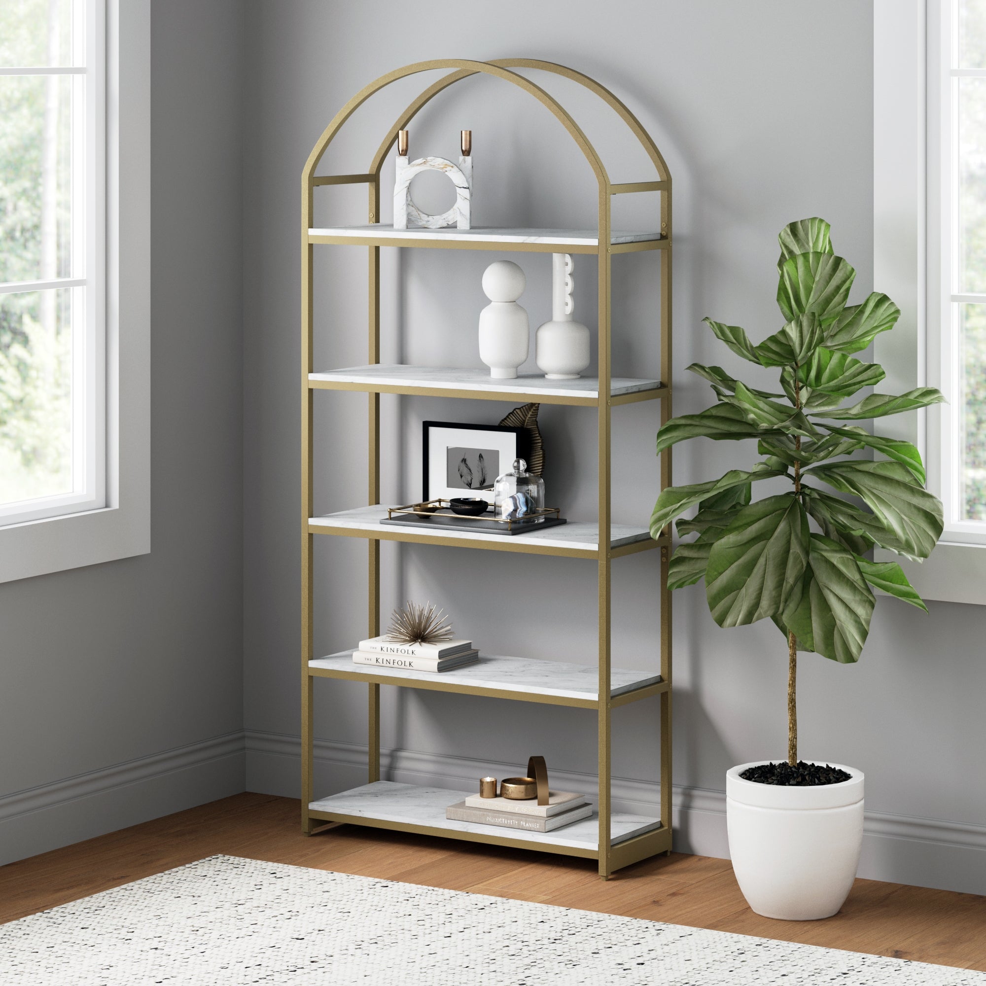 Metal 5-Shelf Arched Bookshelf Gold