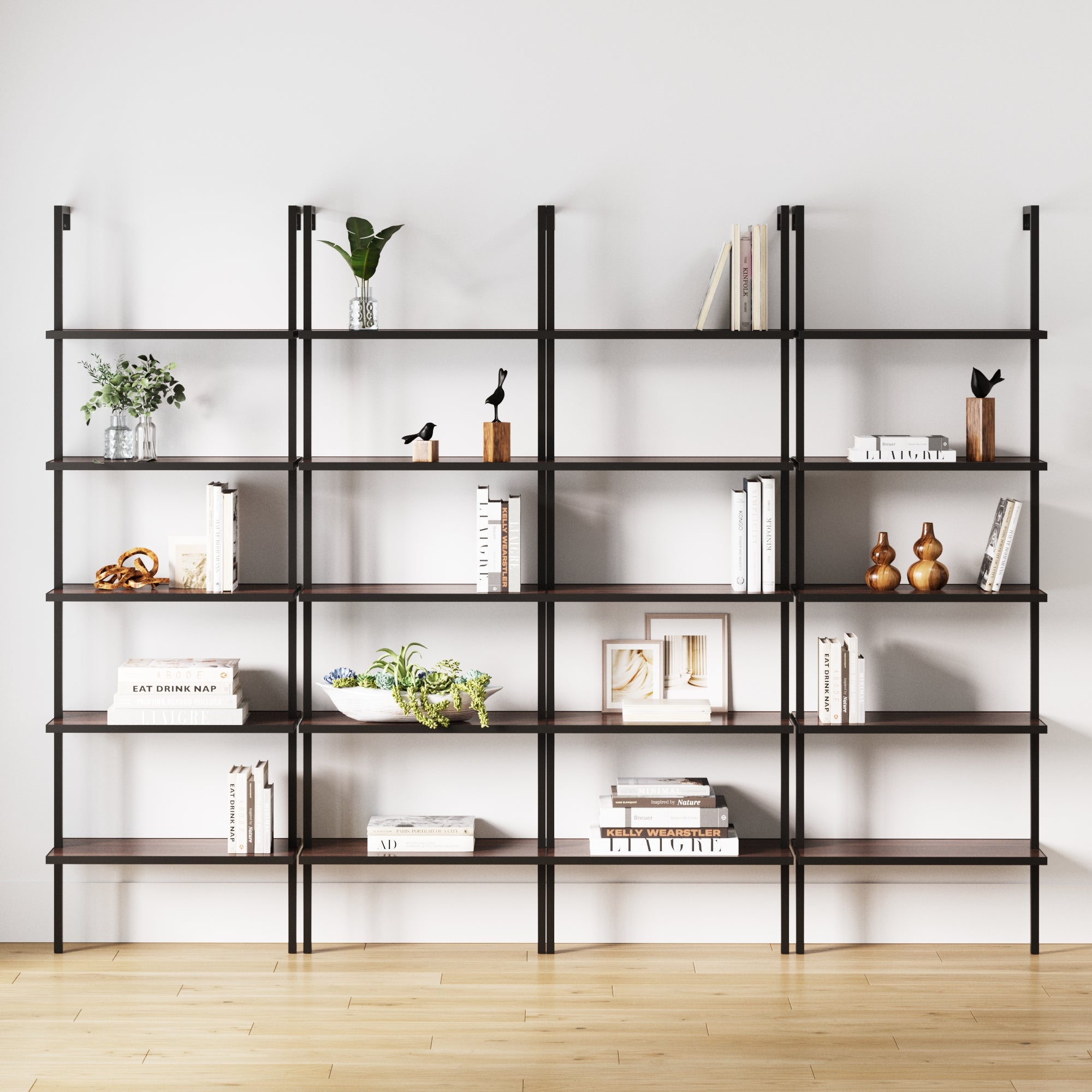 5-Shelf Bookshelf Walnut Matte Black (Set of 4)