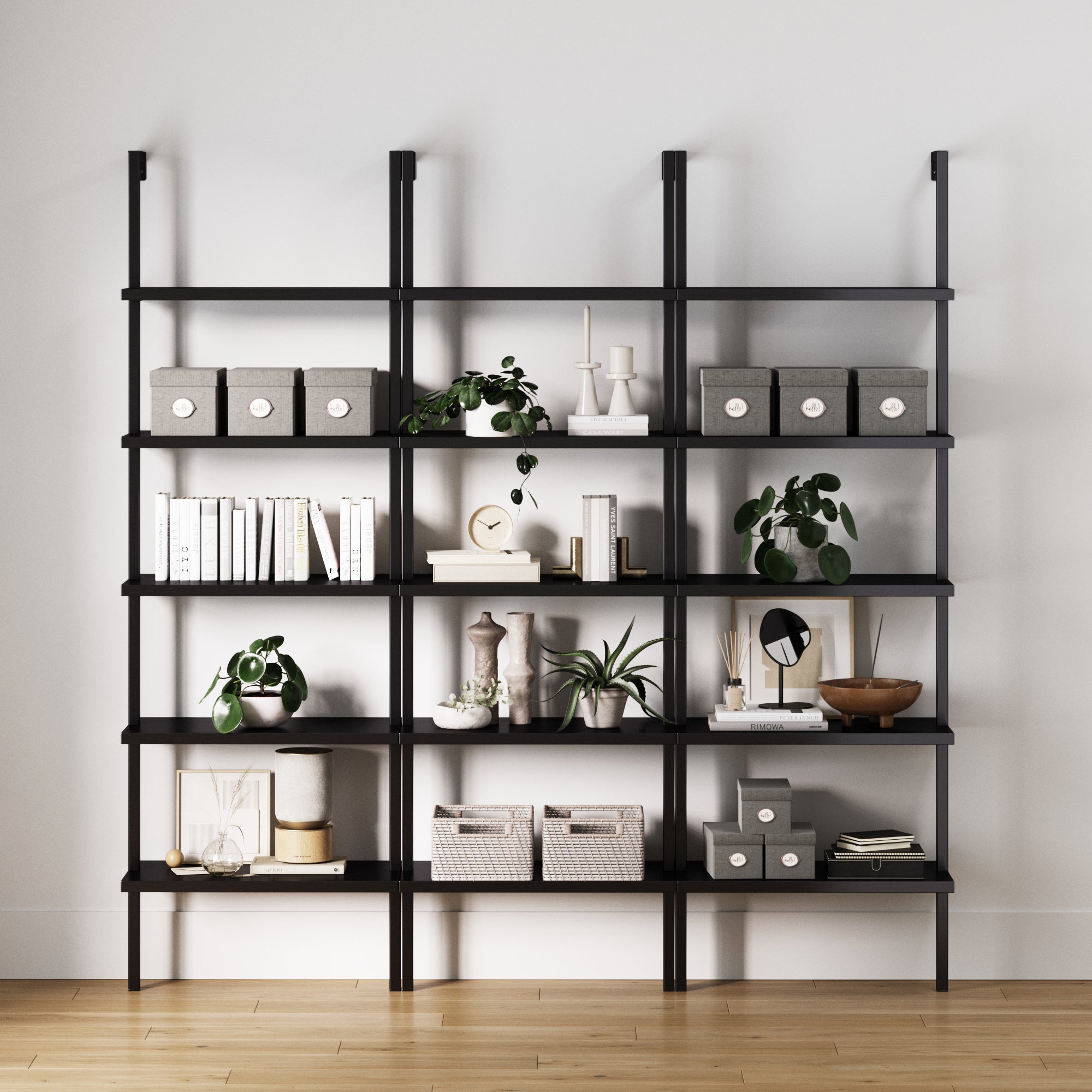 5-Shelf Ladder Bookshelf Black (Set of 3)