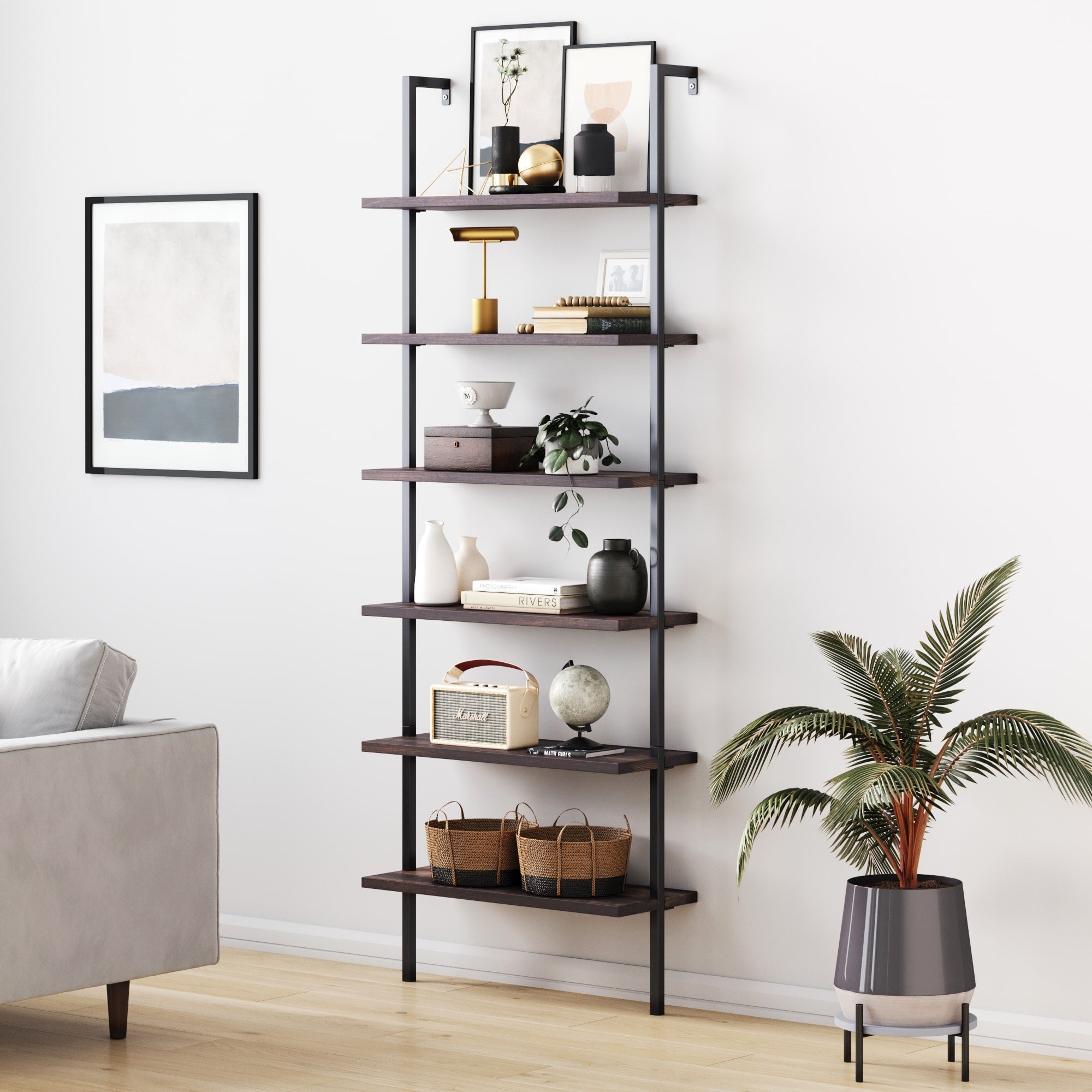 6-Shelf Ladder Bookshelf Nutmeg Matte Black