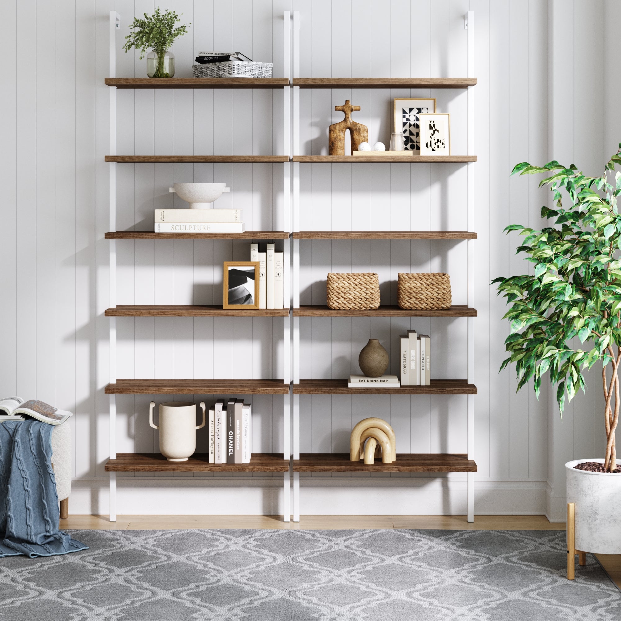 6-Shelf Bookcase Oak Matte White (Set of 2)