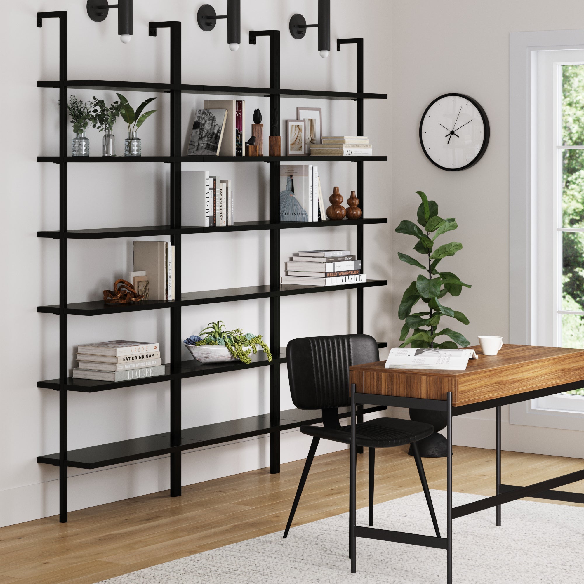 6-Shelf Wall Mount Bookshelf Black (Set of 3)