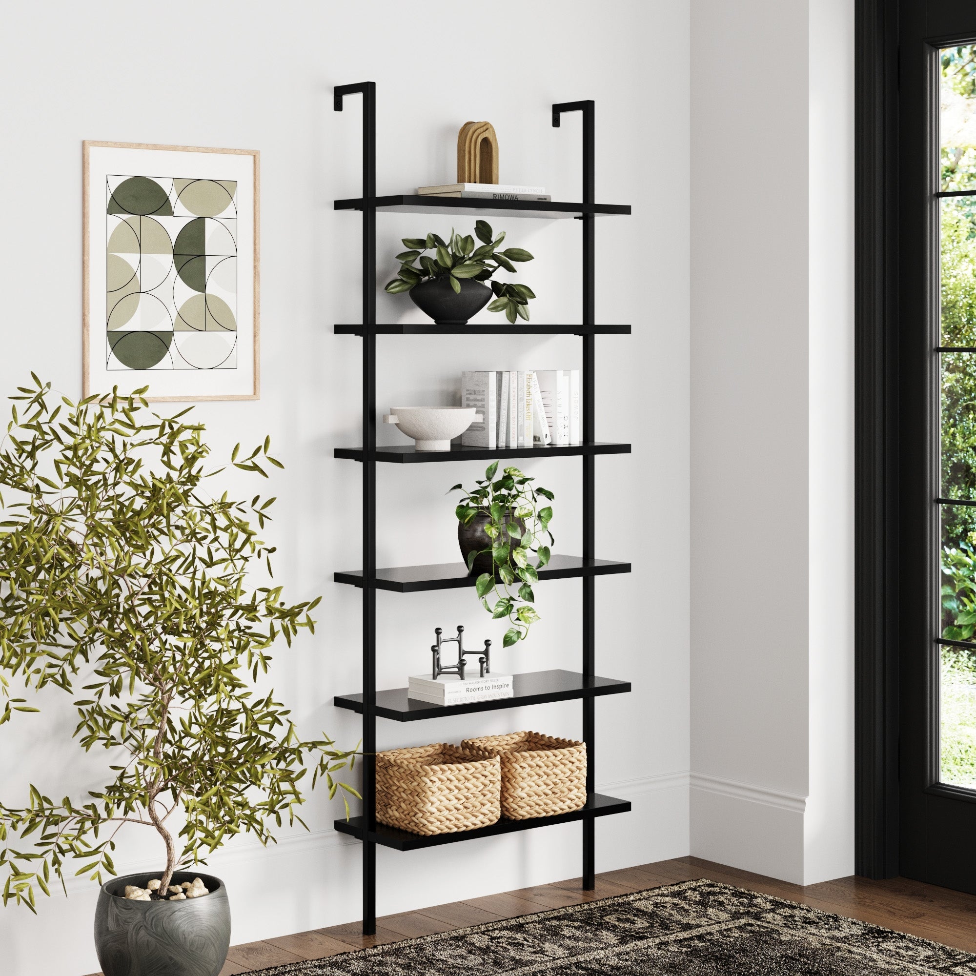 6-Shelf Ladder Bookshelf Black