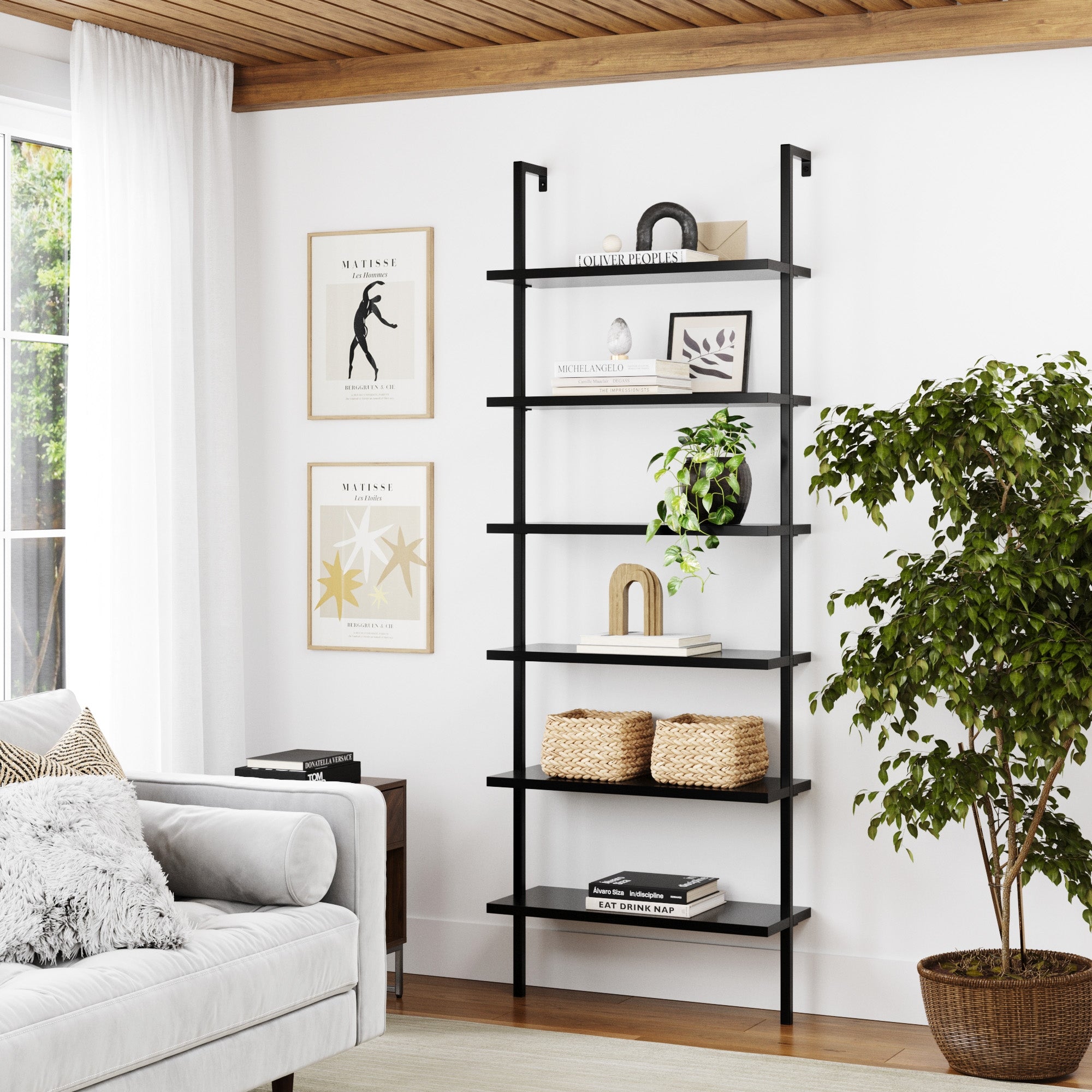 6-Shelf Ladder Bookshelf Black