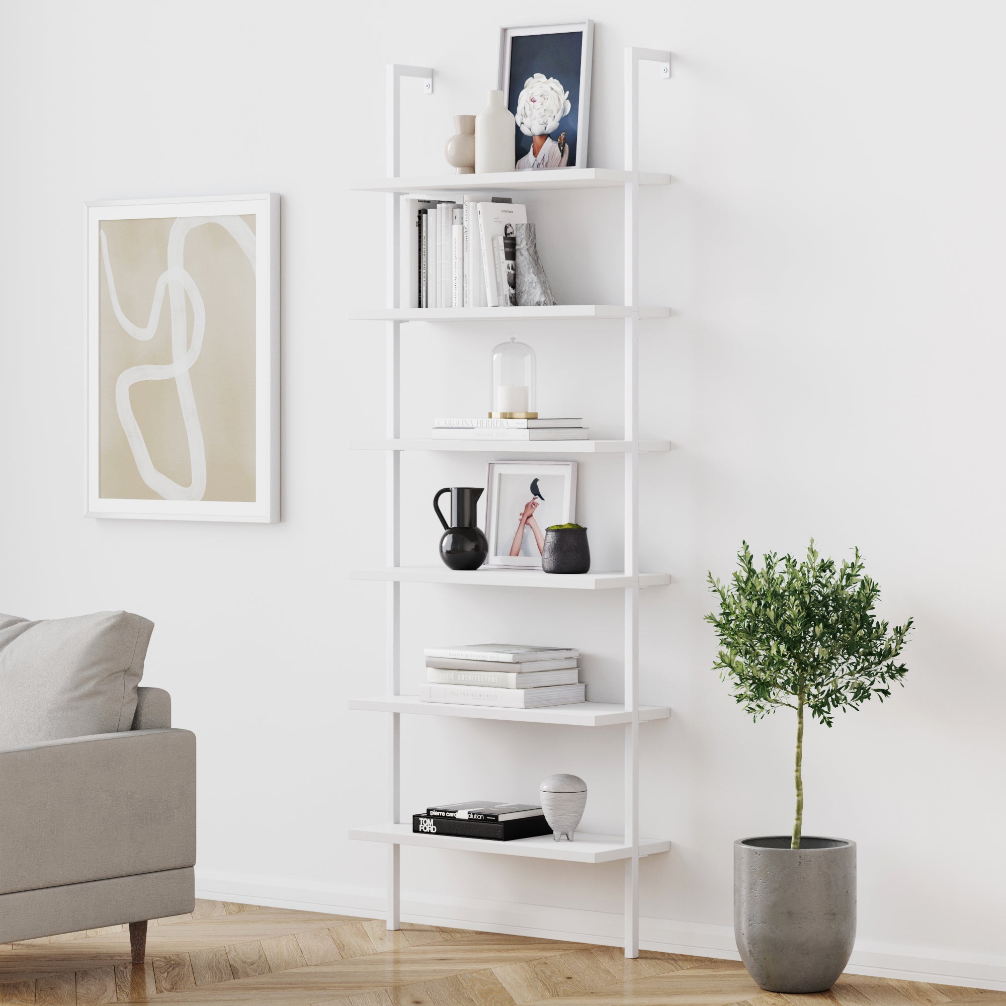 6-Shelf Ladder Bookshelf White