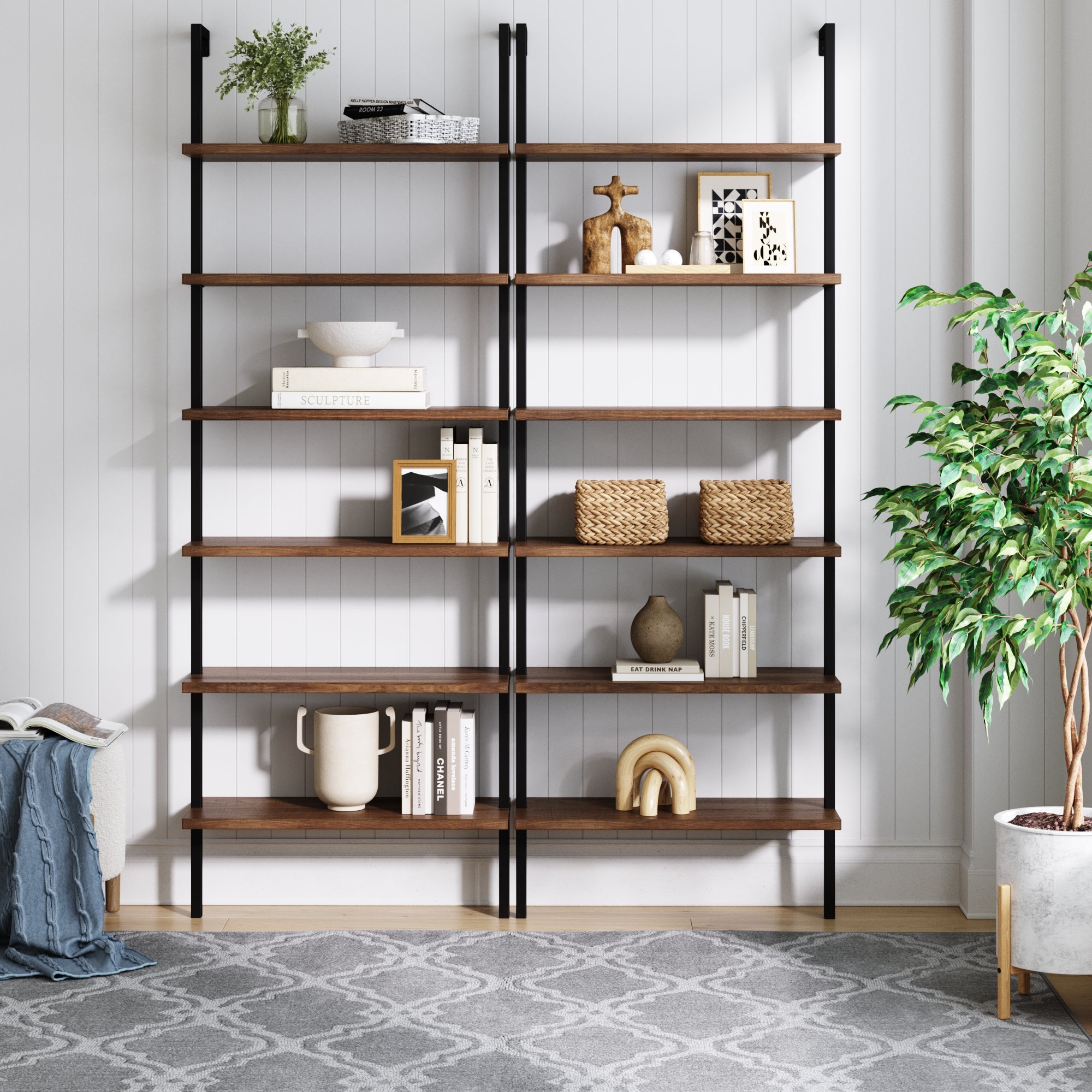 6-Shelf Bookcase Oak Matte Black (Set of 2)