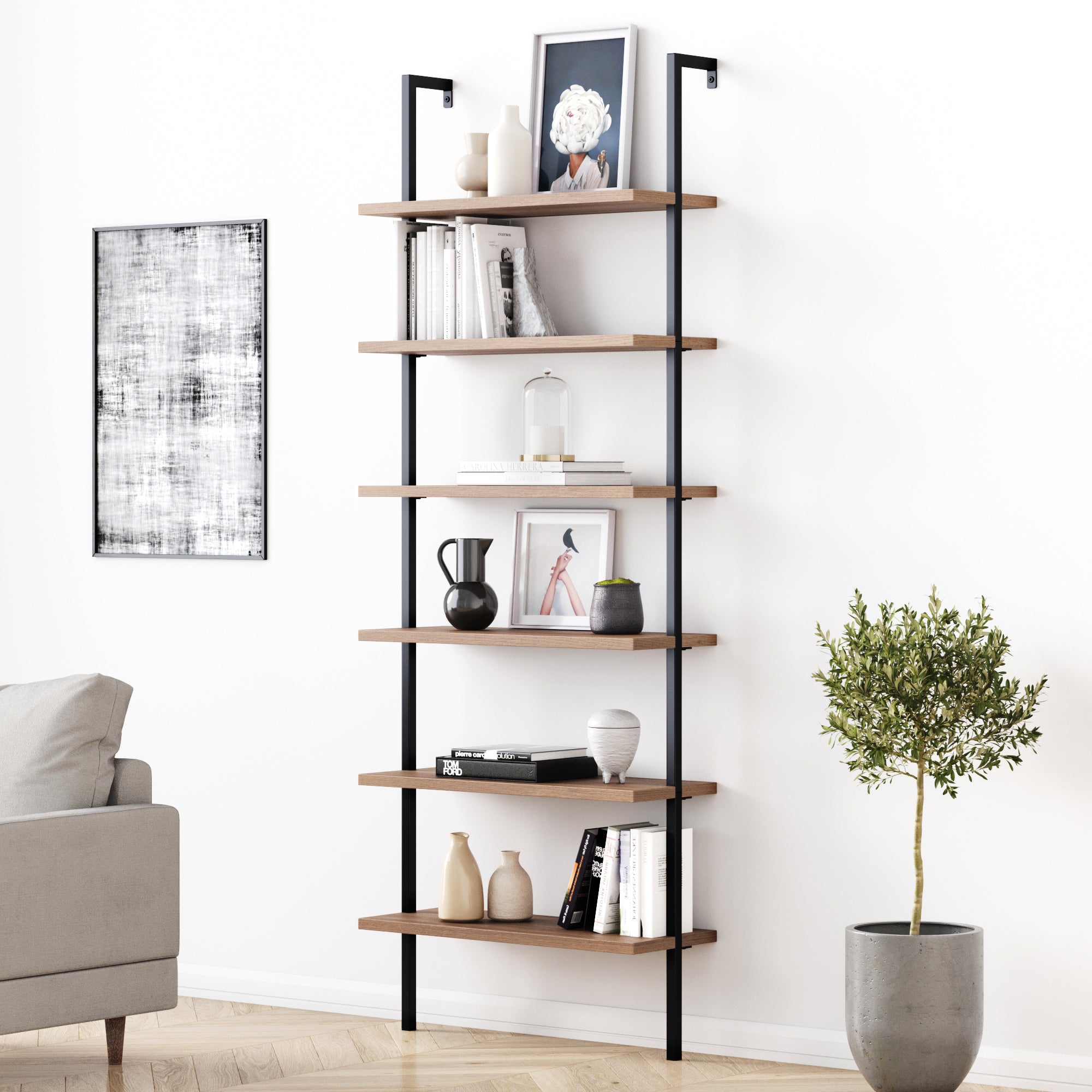 6-Shelf Ladder Bookshelf Oak Matte Black