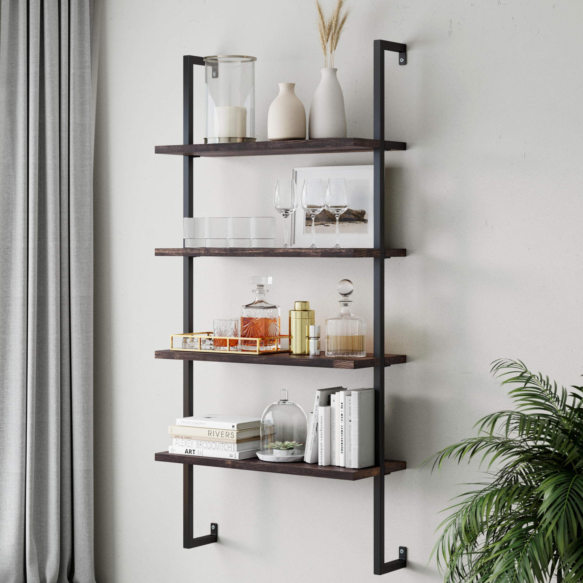 Wood & Metal 4-Shelf Floating Bookshelf Nutmeg