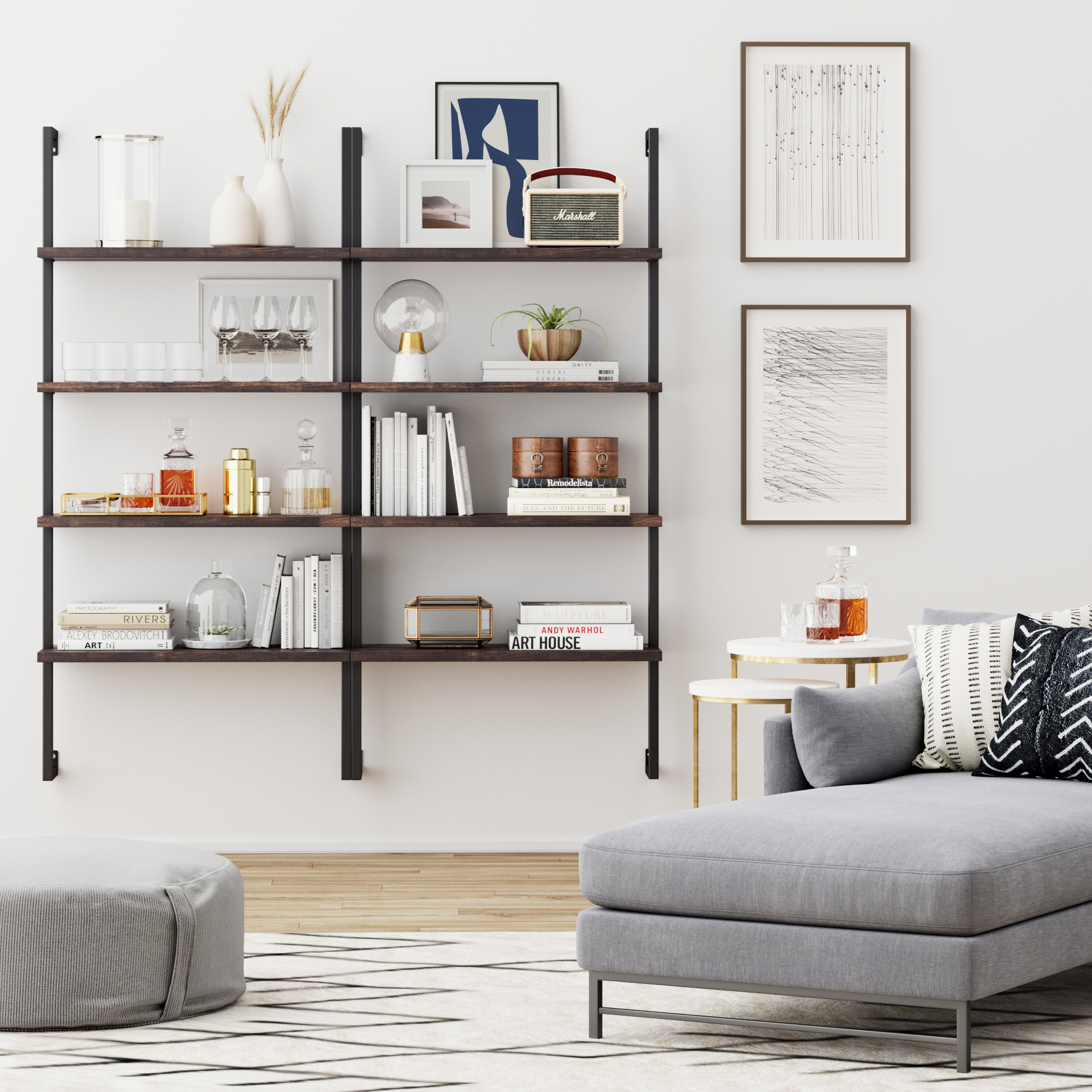 Wood & Metal 4-Shelf Floating Bookshelf Nutmeg