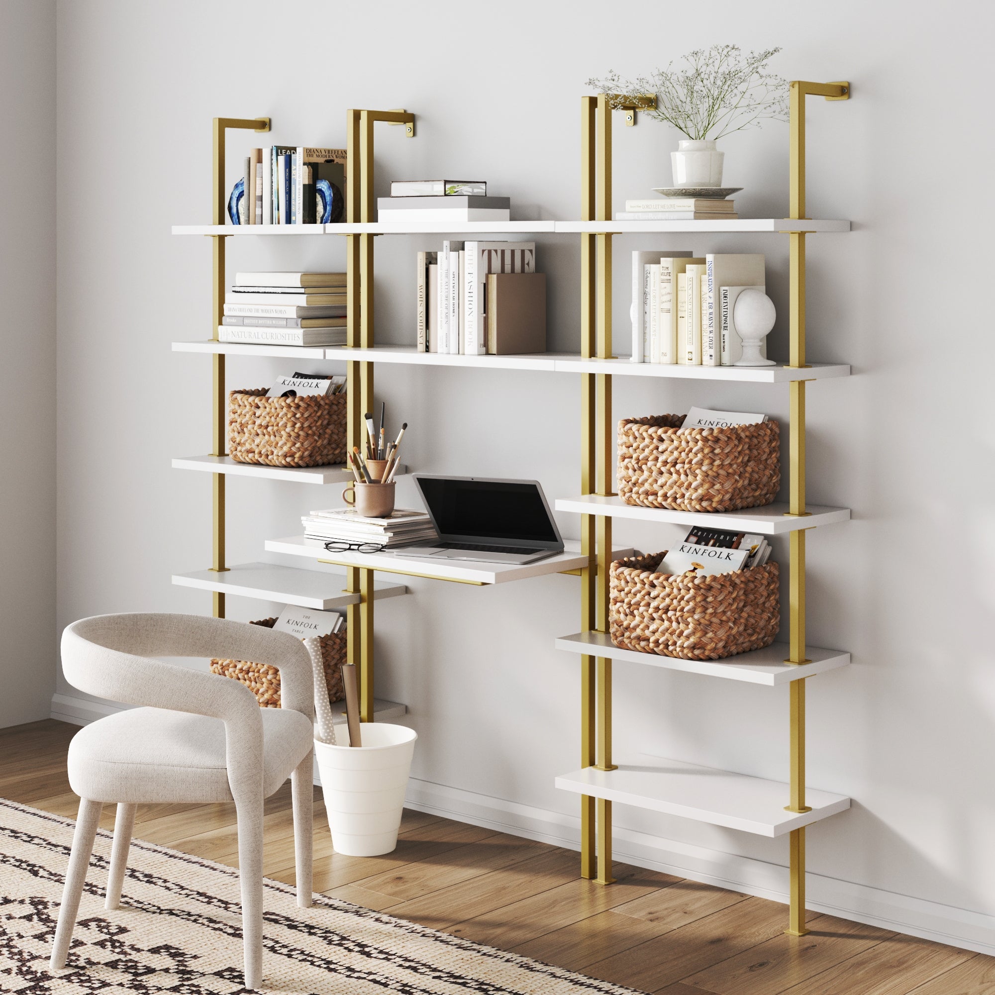 Glam Wall Mount Metal Desk and Bookcase Set