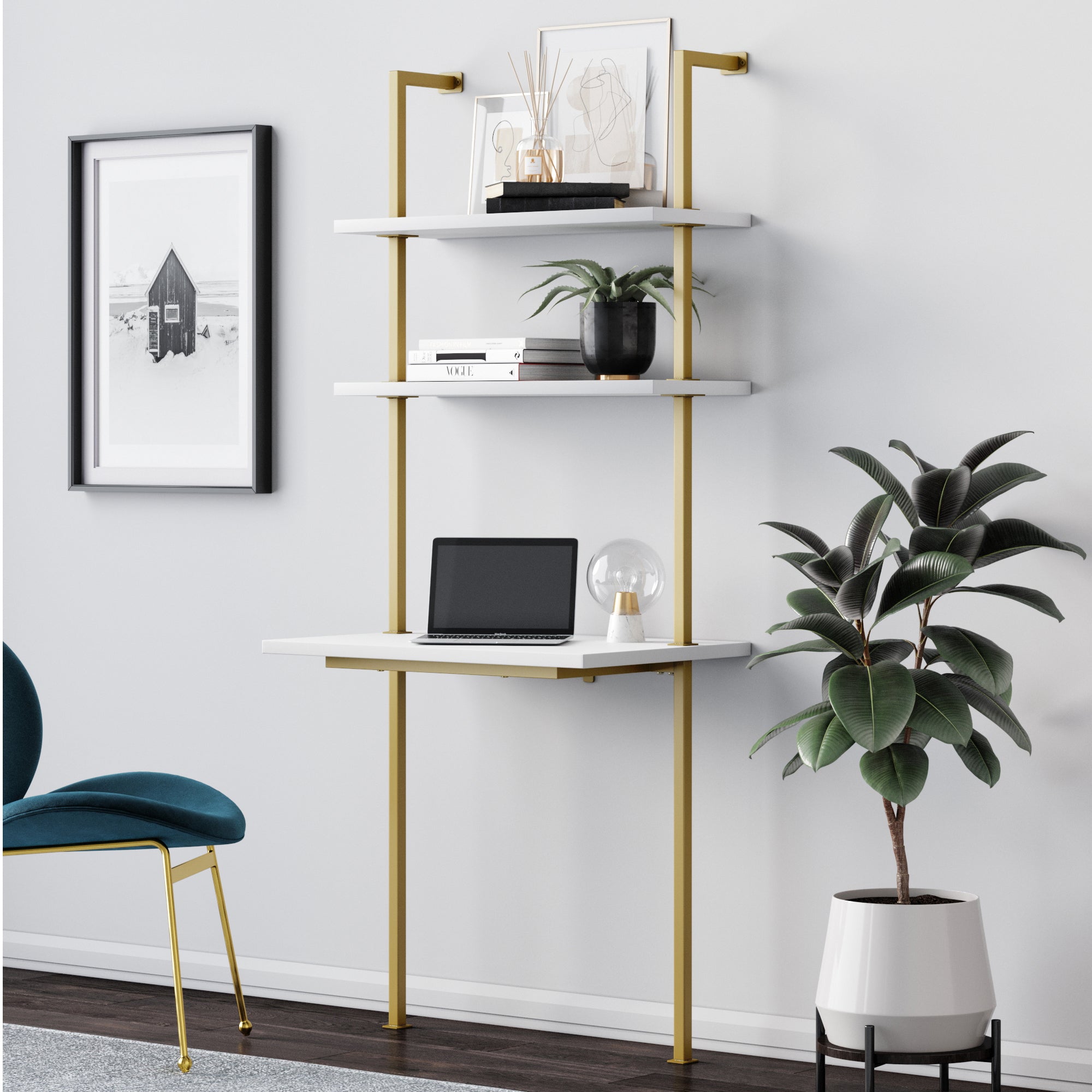 Wood Wall Mount Ladder 2-Shelf Desk Nutmeg