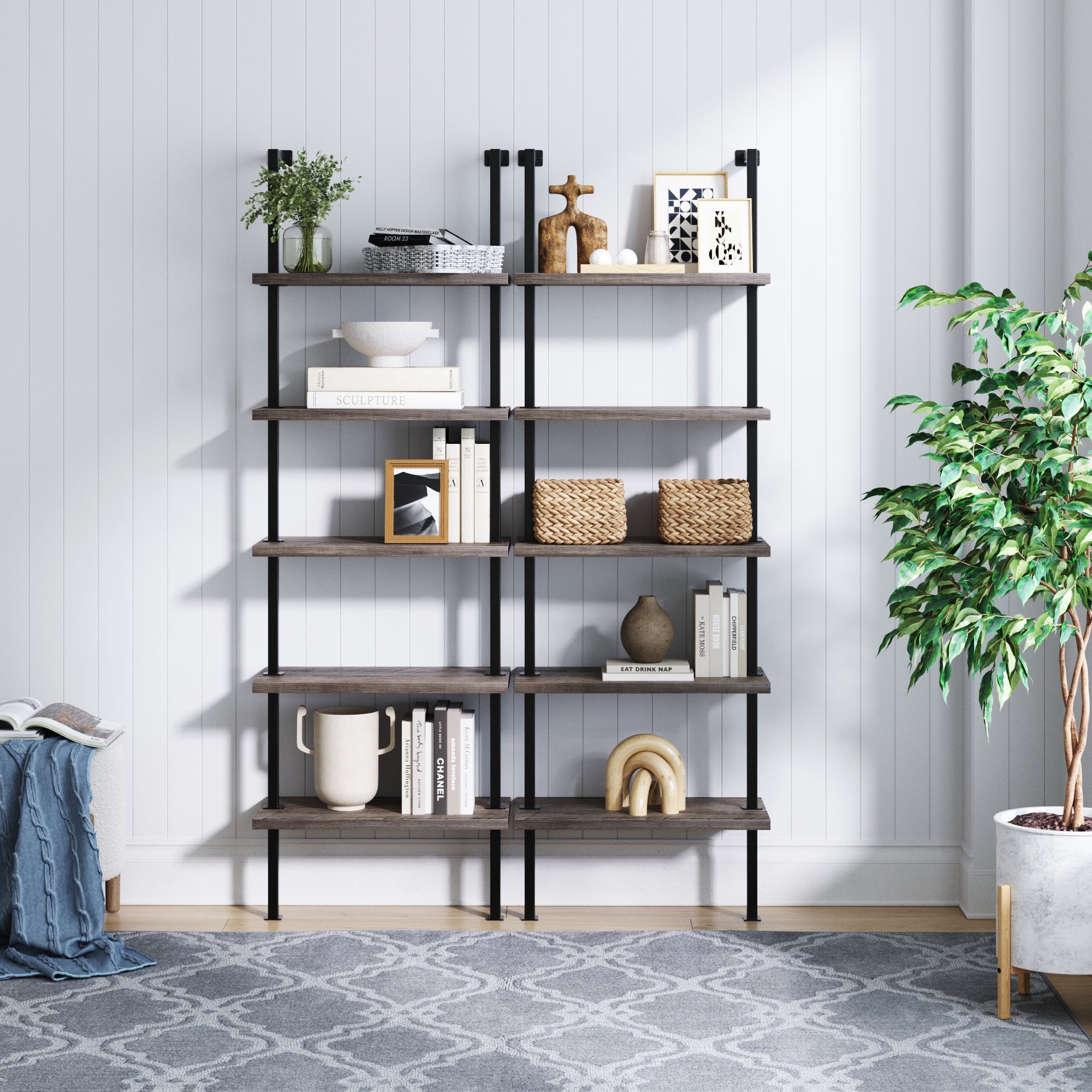 5-Shelf Ladder Bookshelf Gray Oak (Set of 2)