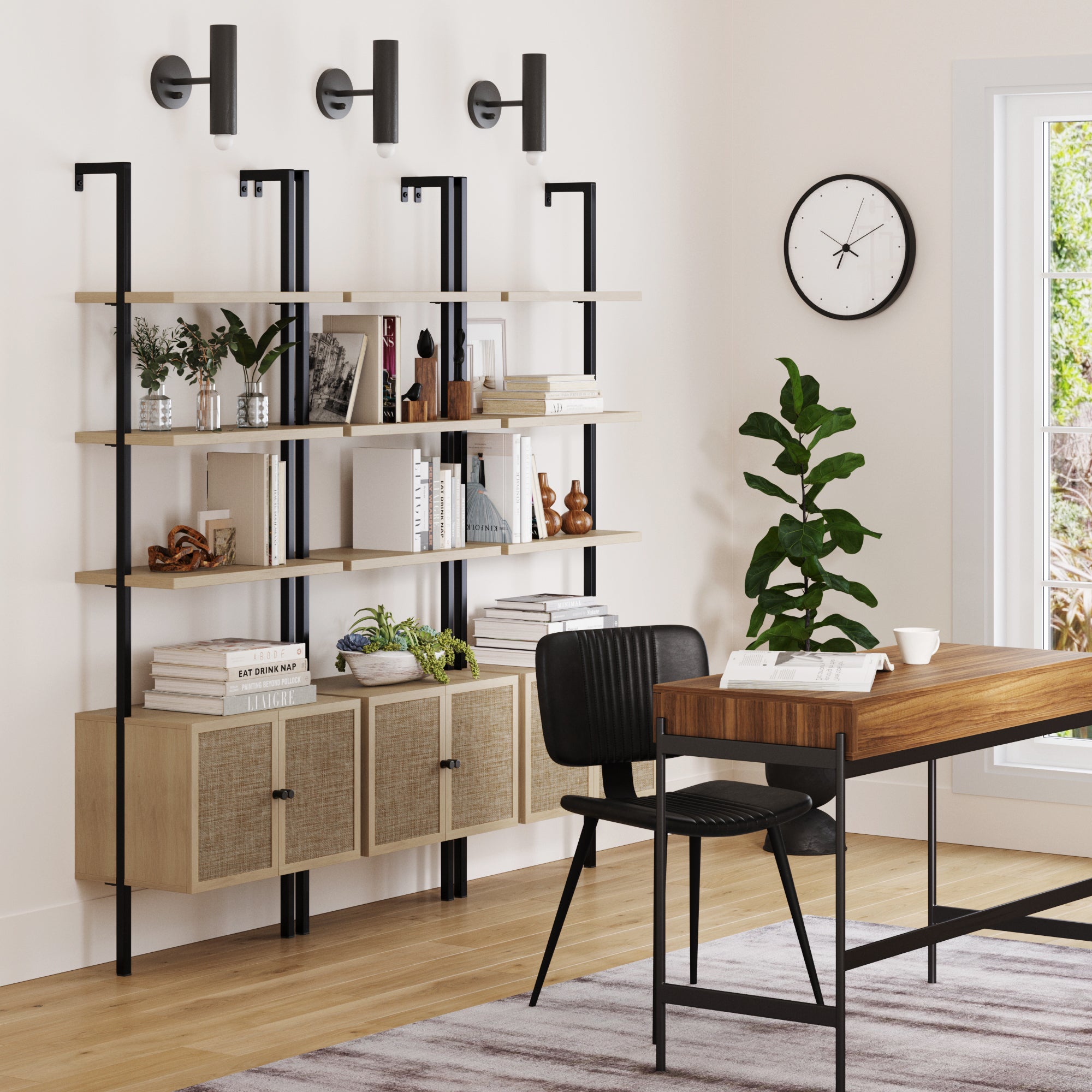 Rattan Ladder Wall Bookshelves with Doors Light Oak (Set of 3)