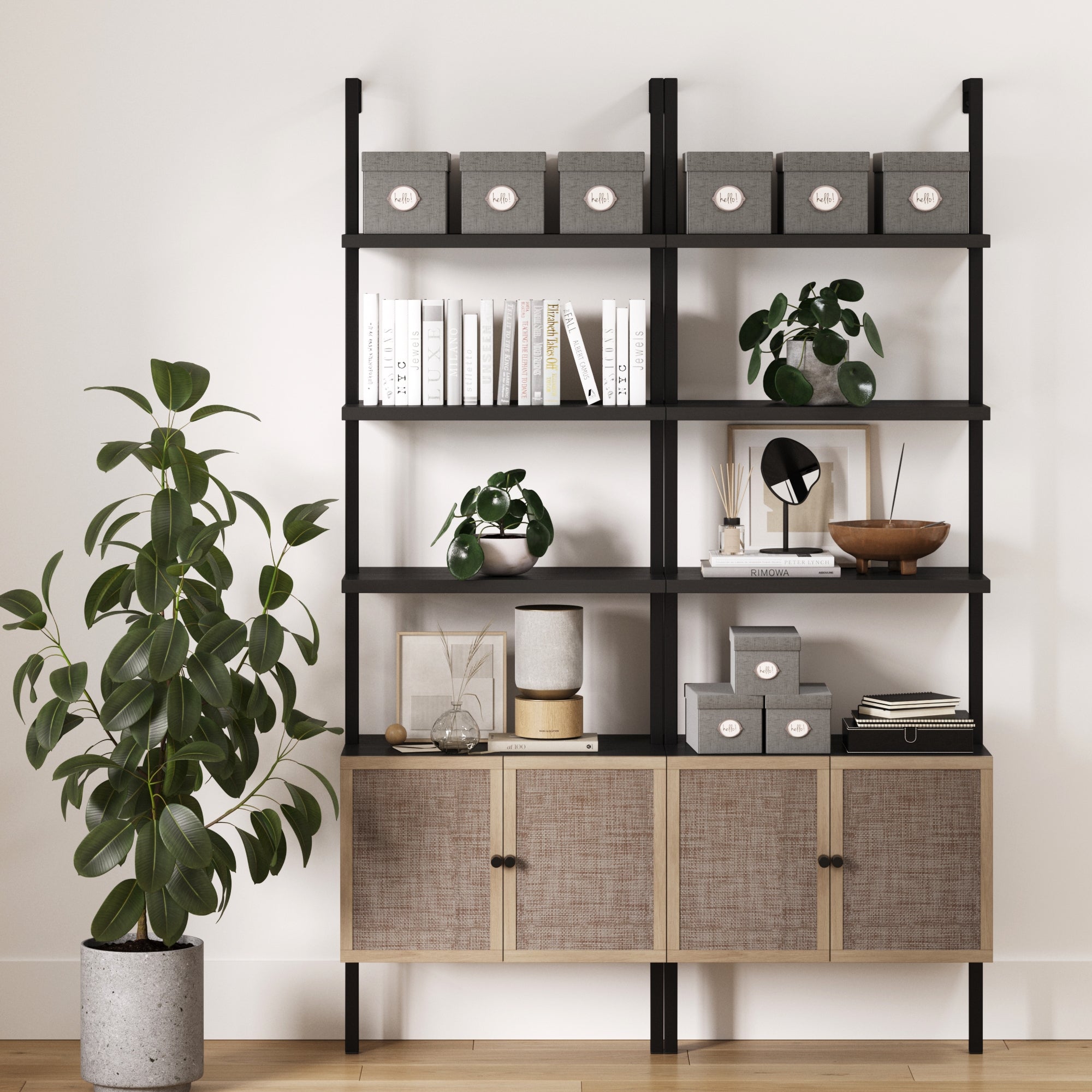 Rattan Ladder Wall Bookshelves with Doors Black (Set of 2)