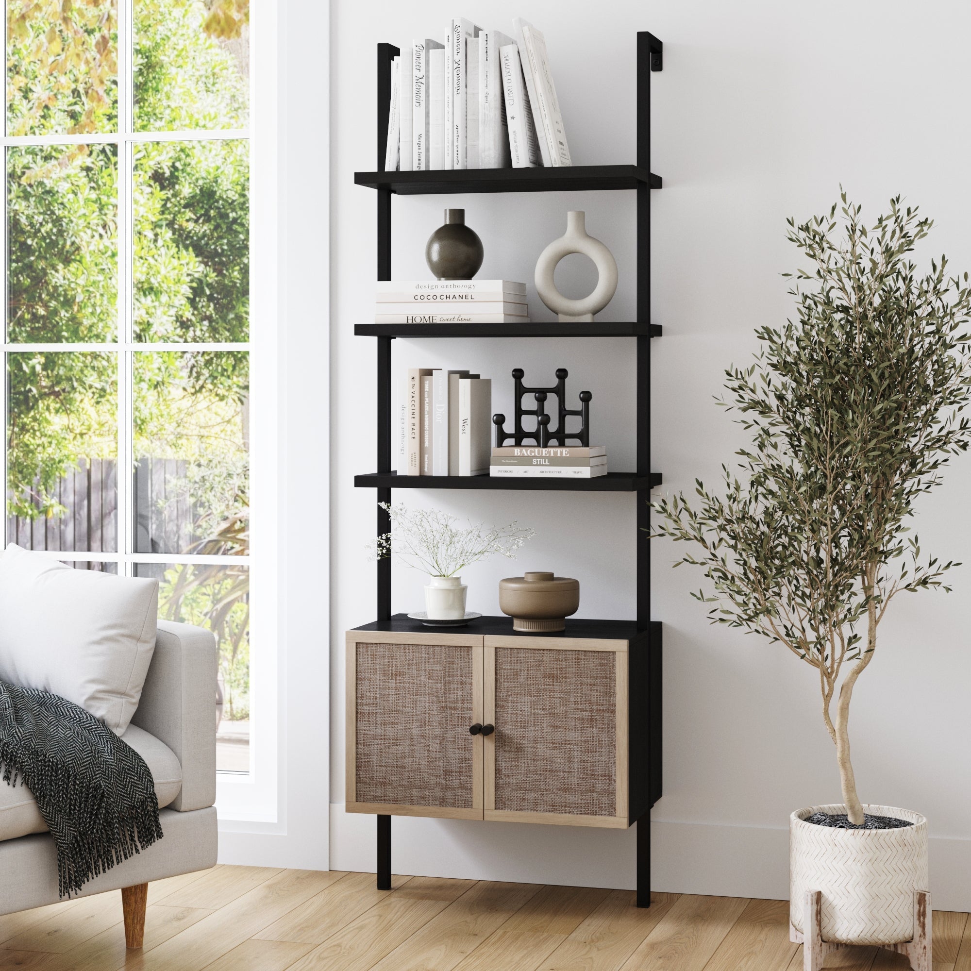 Rattan Ladder Storage Bookshelf with Doors Black