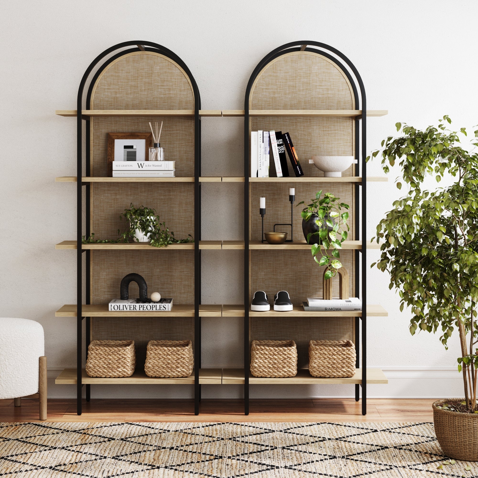 Boho Rattan & Wood Arched Bookshelves (Set of 2)