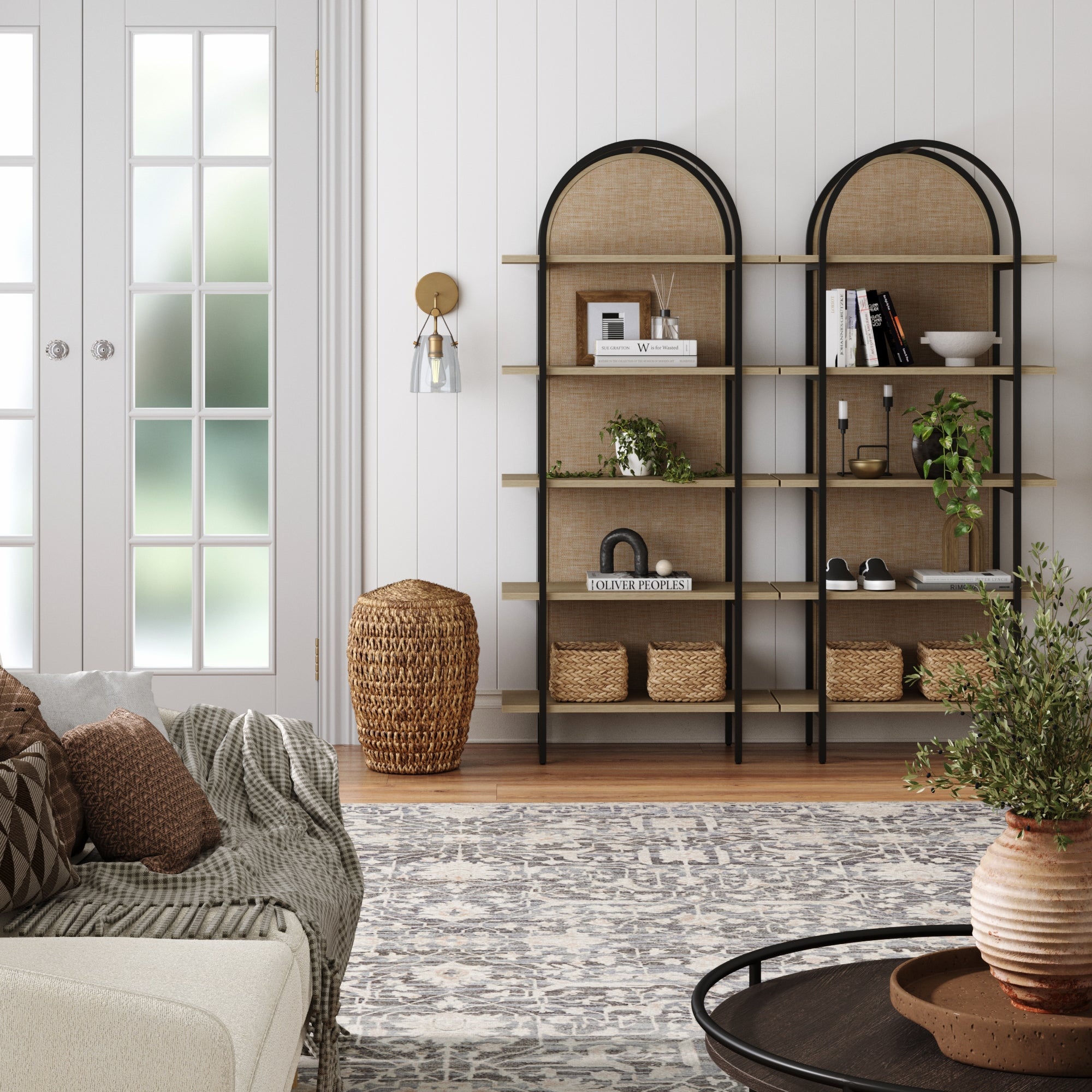 Boho Rattan & Wood Arched Bookshelves (Set of 2)