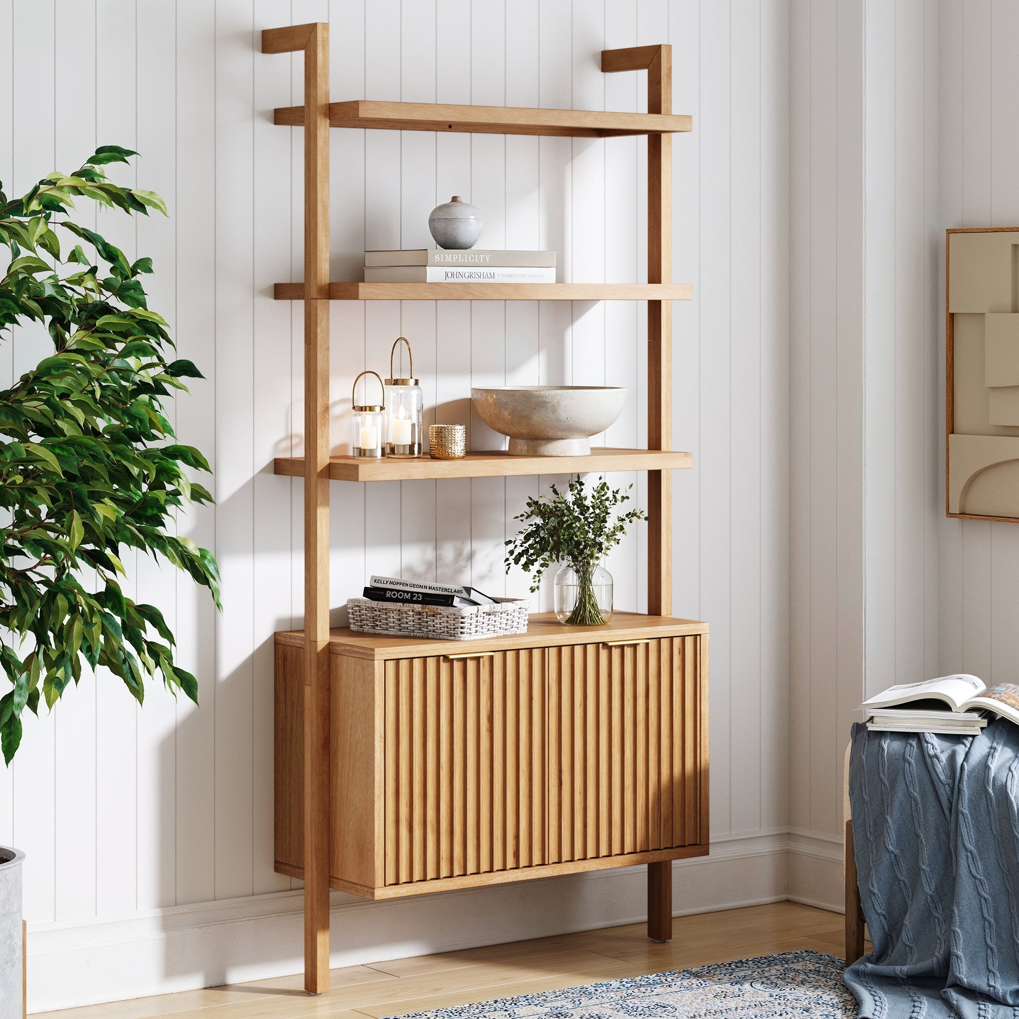 Mid-Century Fluted Wall Bookshelf with Doors Warm Pine