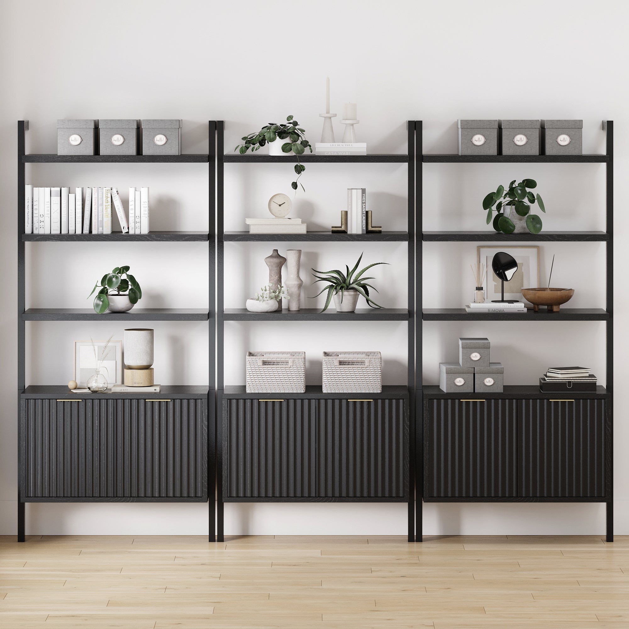 Mid-Century Fluted Wall Bookshelves with Doors Black (Set of 3)