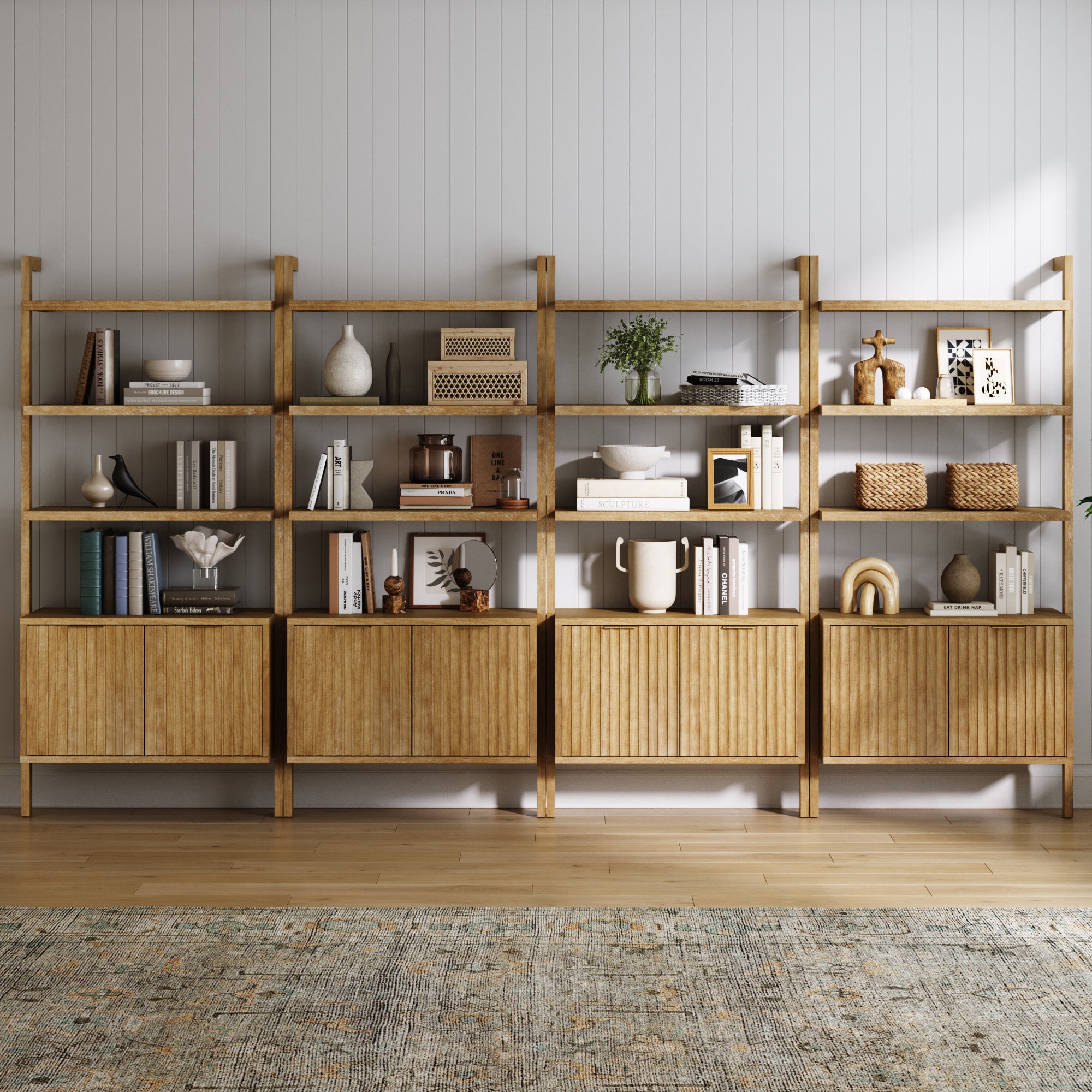 Mid-Century Fluted Wall Bookshelves with Doors Light Brown (Set of 4)