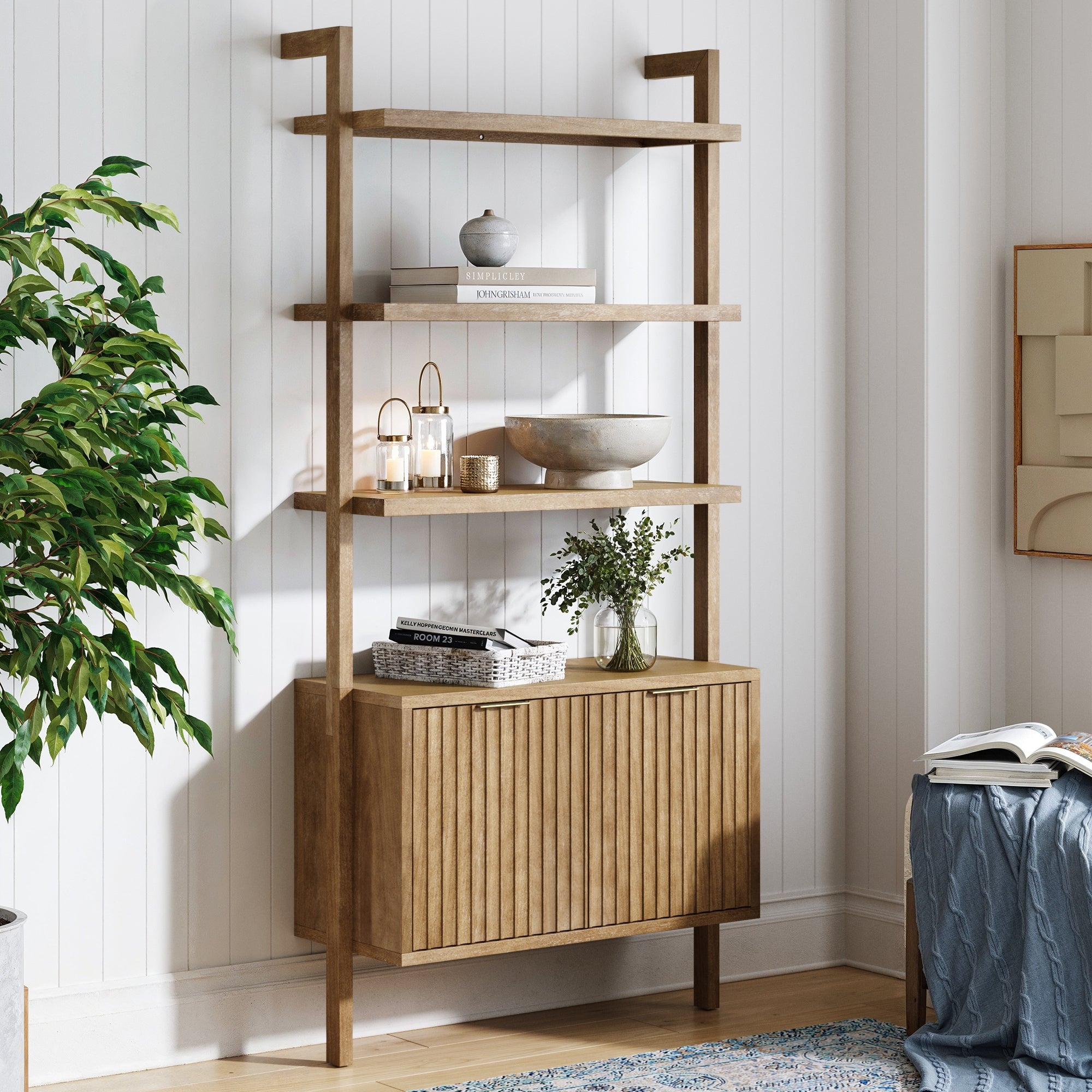 Mid-Century Fluted Wall Bookshelf with Doors Light Brown