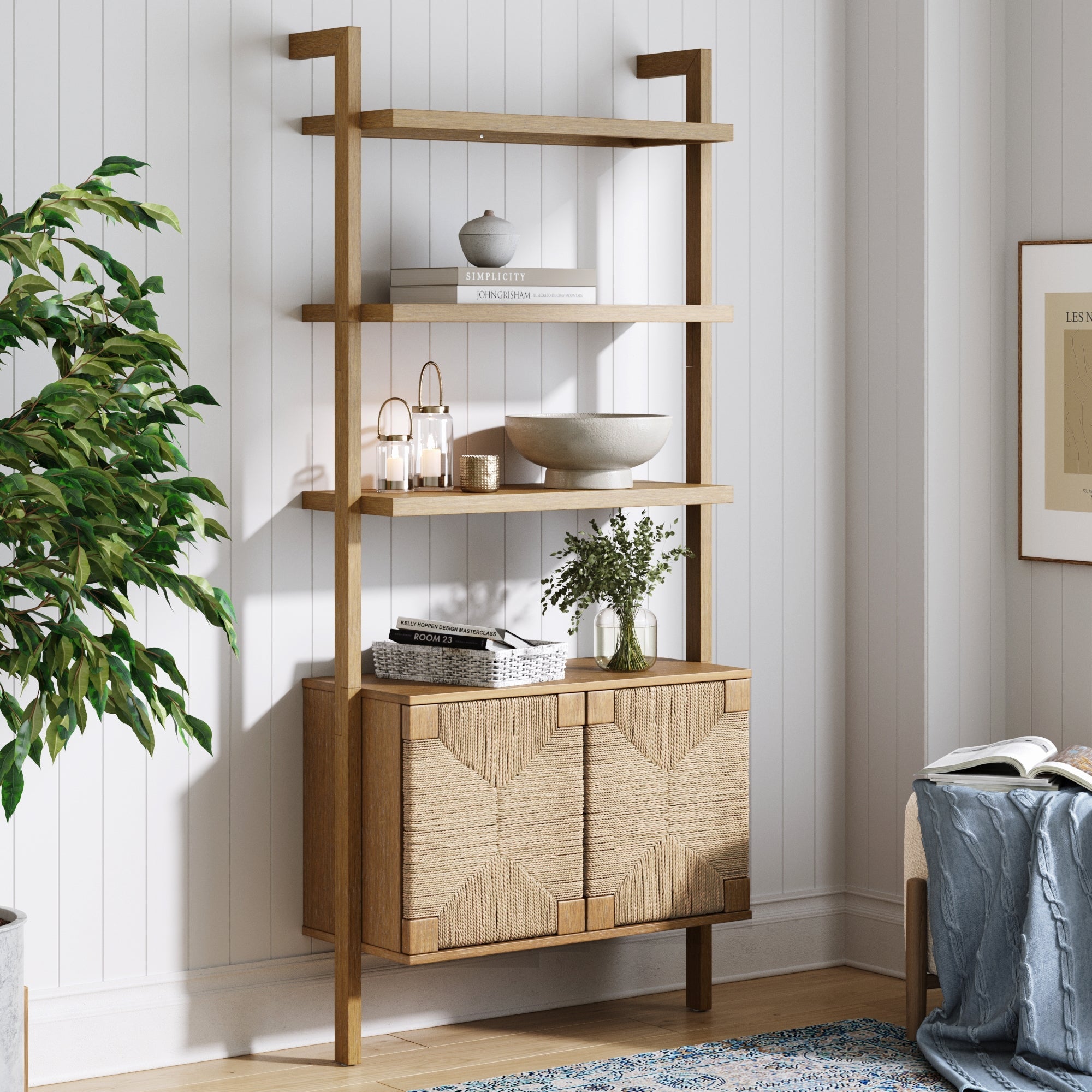 Seagrass Wall Bookshelf with Doors Light Brown