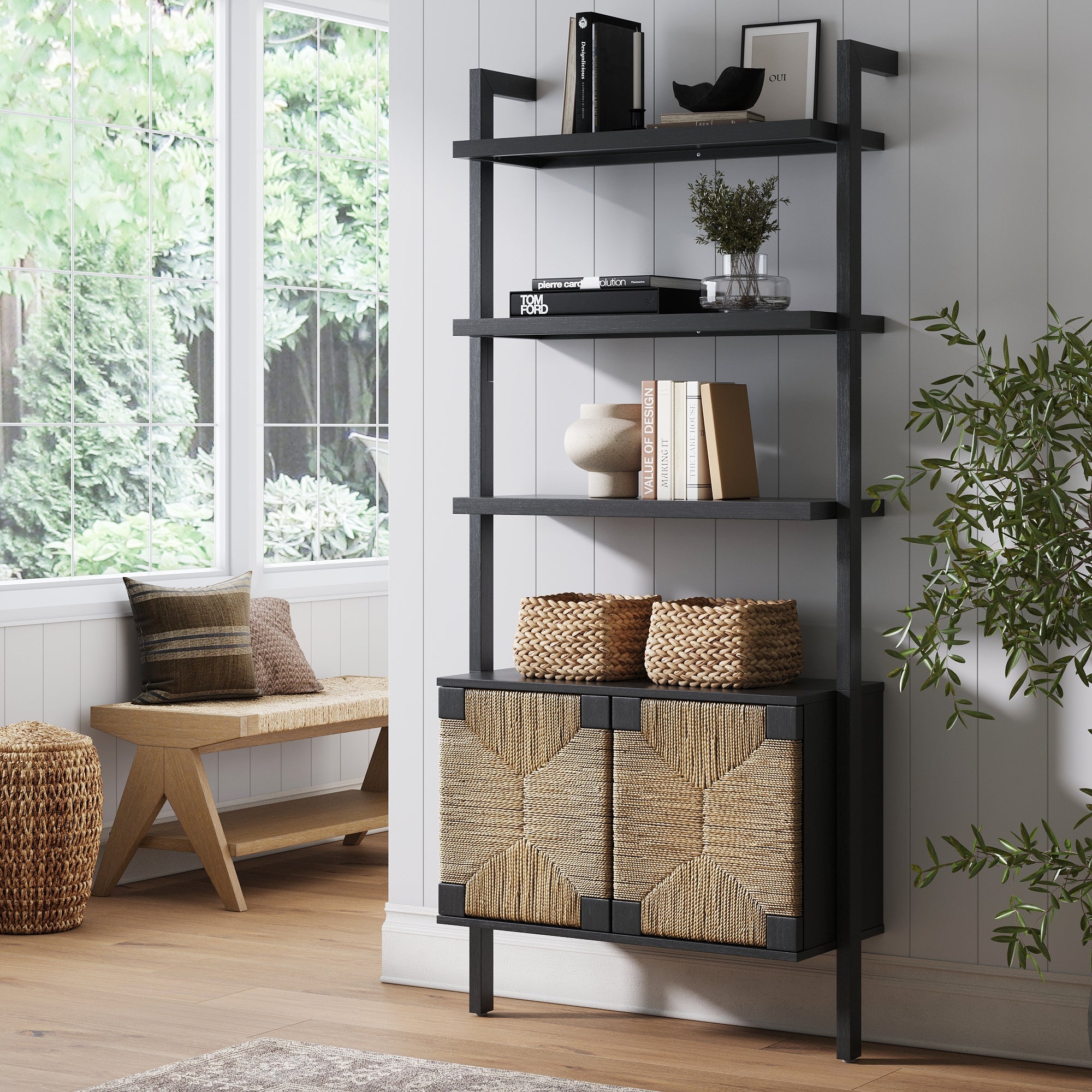 Seagrass Wall Bookshelf with Doors Black