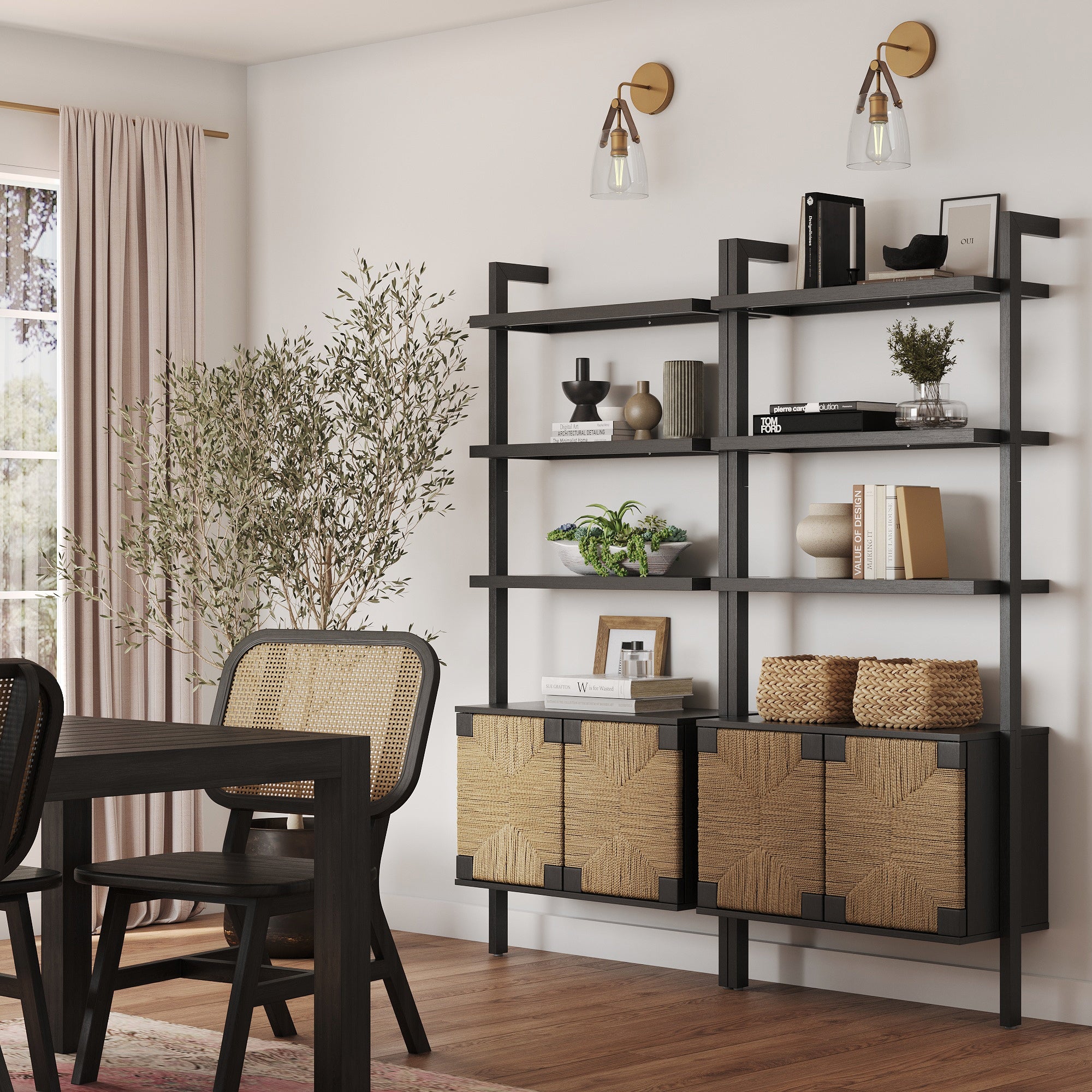 Seagrass Wall Bookshelf with Doors Black