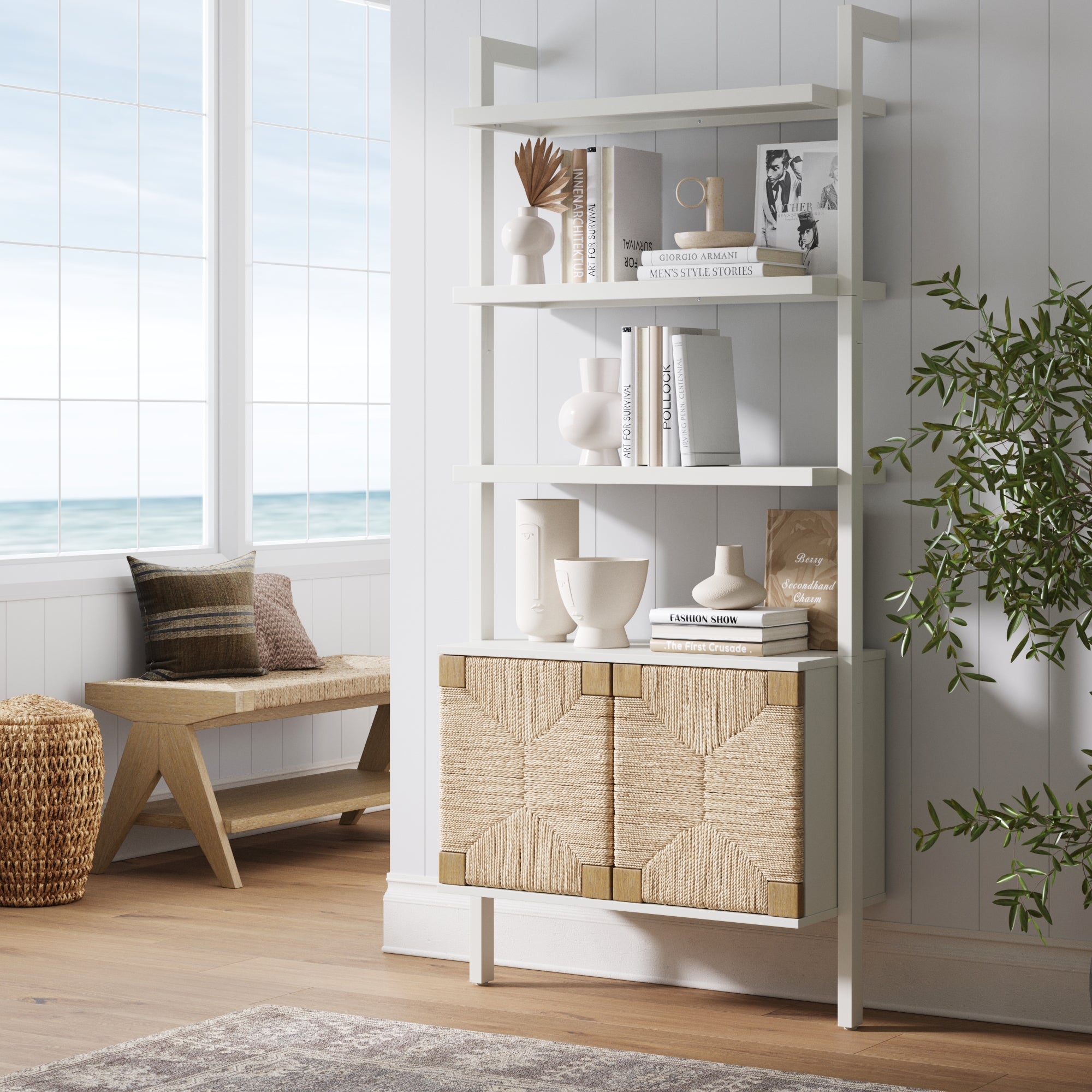 Seagrass Wall Bookshelf with Doors White