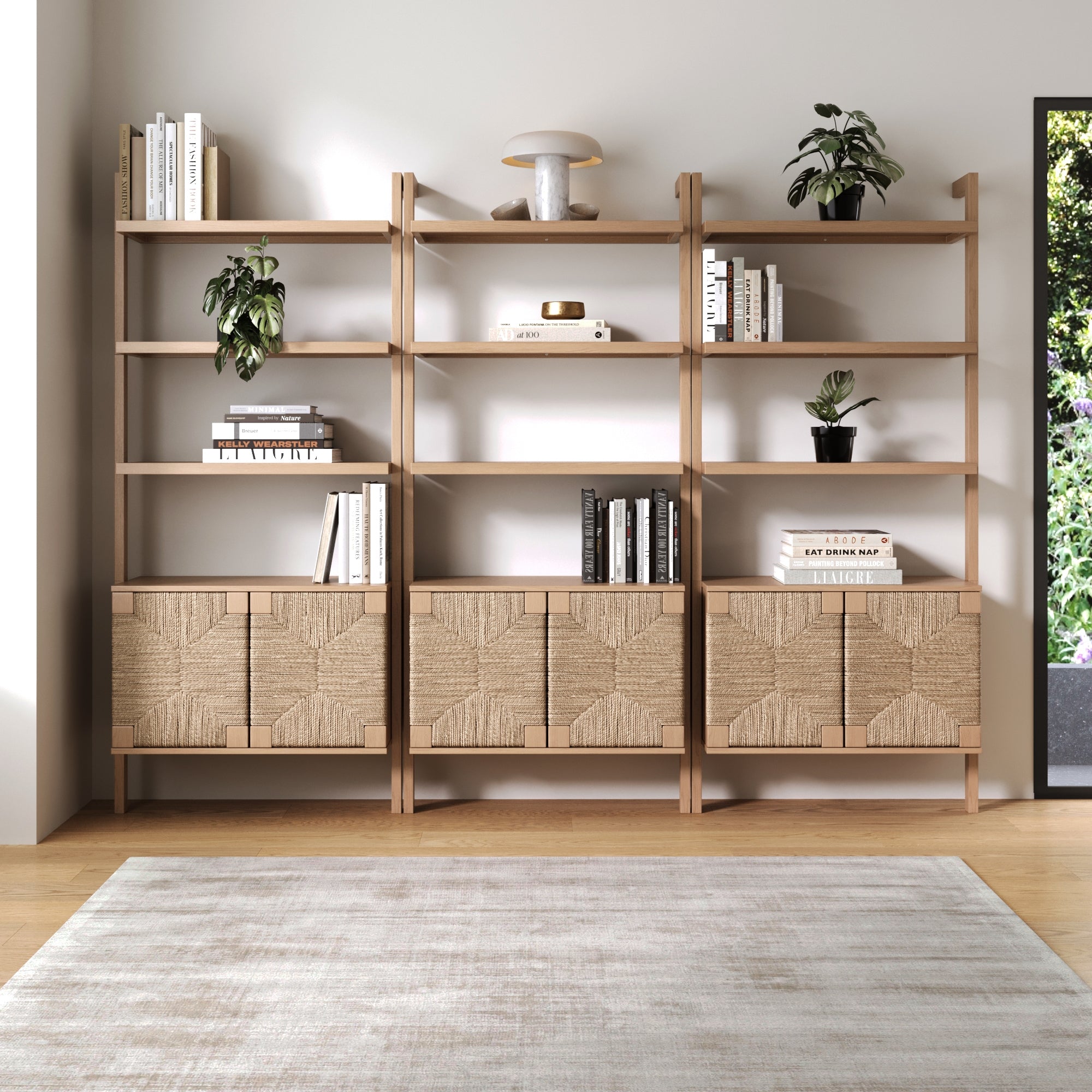 Seagrass Wall Bookshelf with Doors Raw Oak (Set of 3)