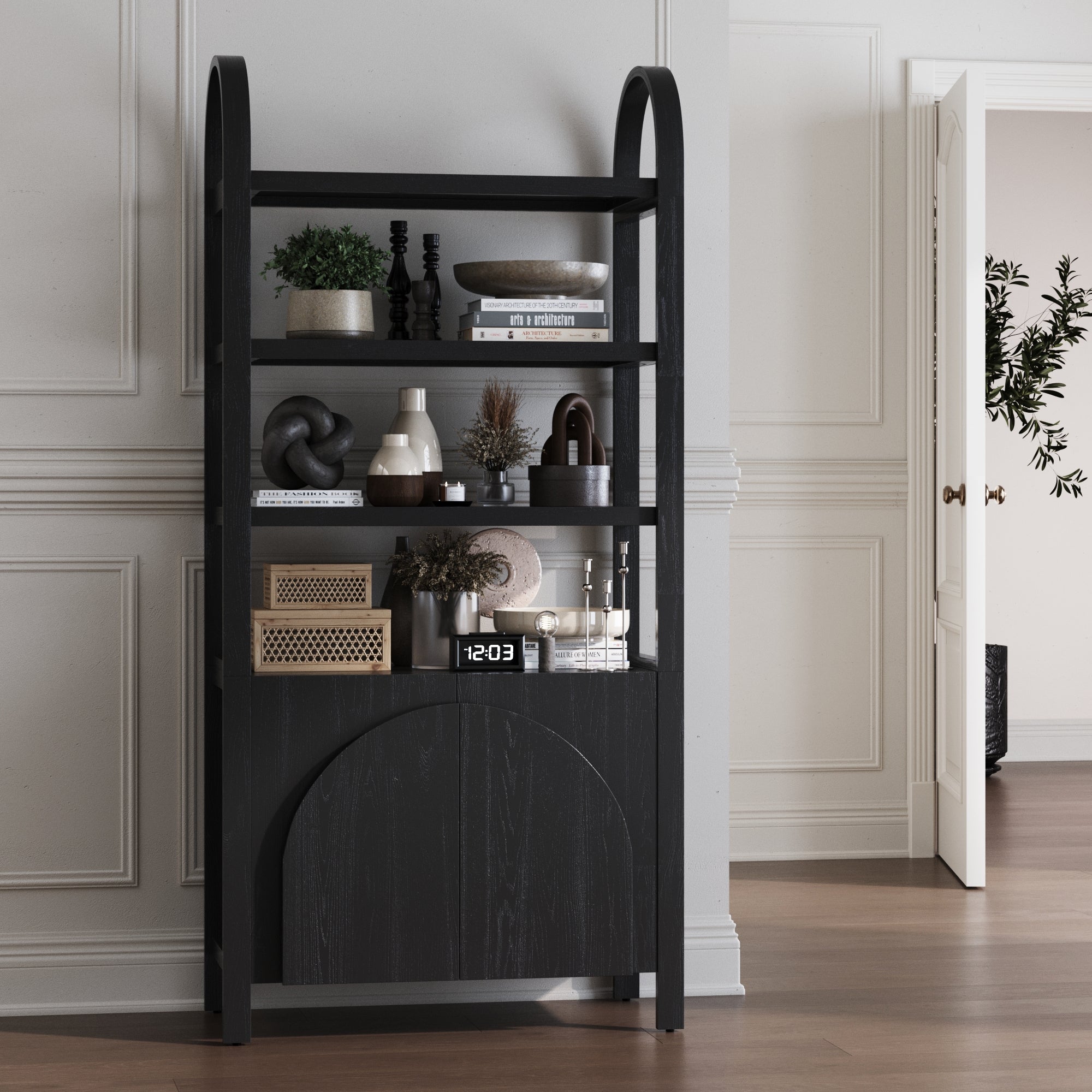 Mid-Century Arched Door Bookshelf Black