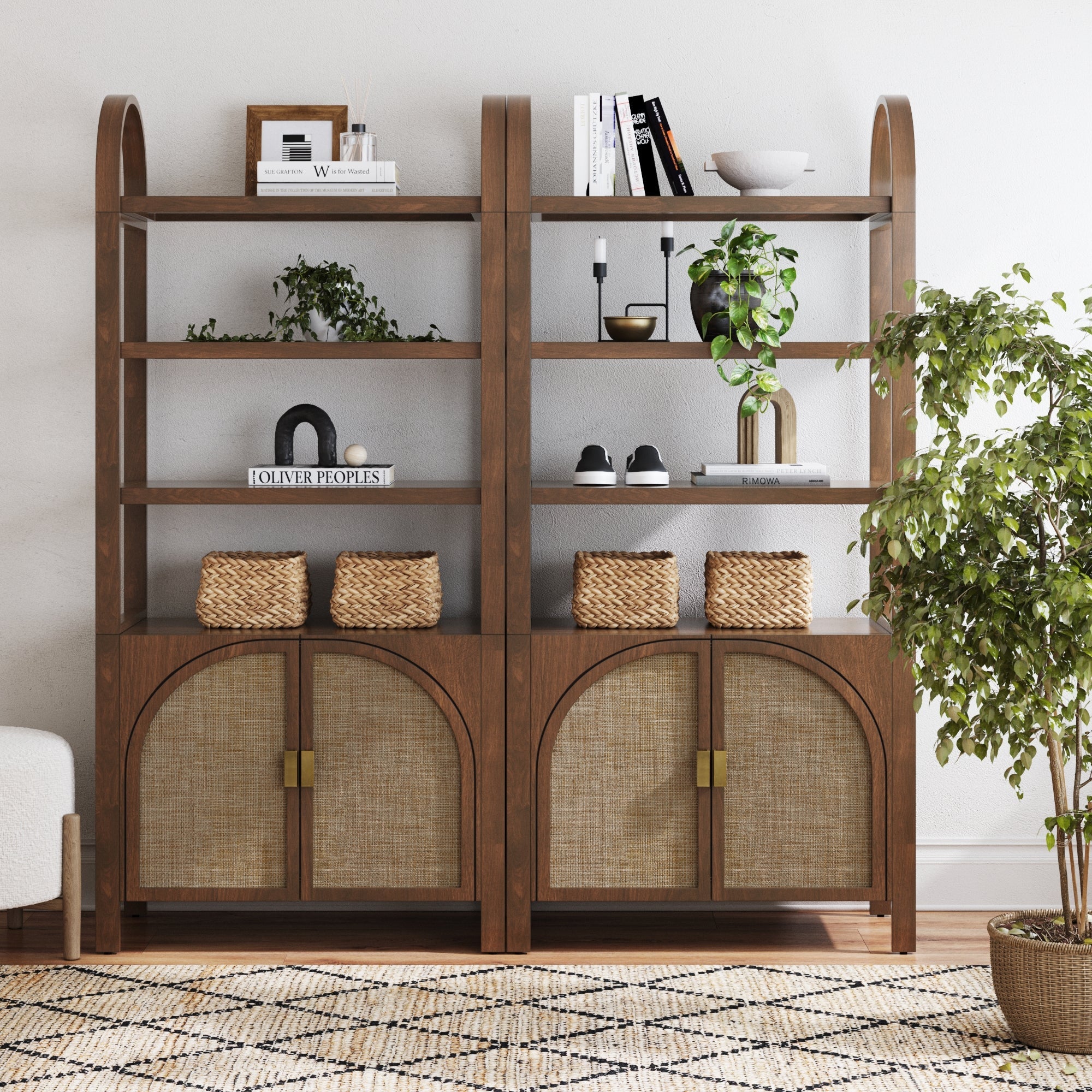 Arched Door Rattan Bookshelf Dark Acacia (Set of 2)