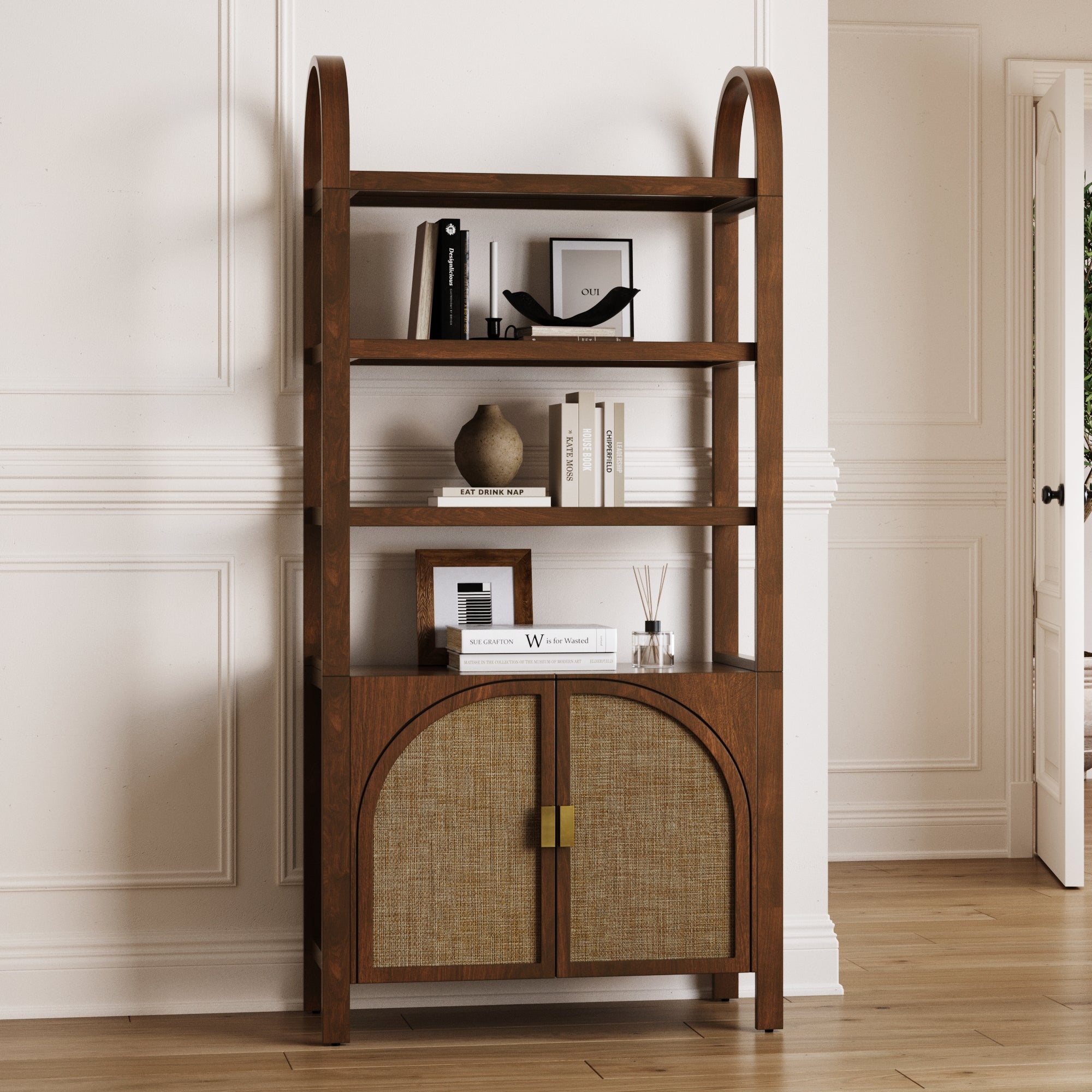 Arched Door Rattan Bookshelf Dark Acacia