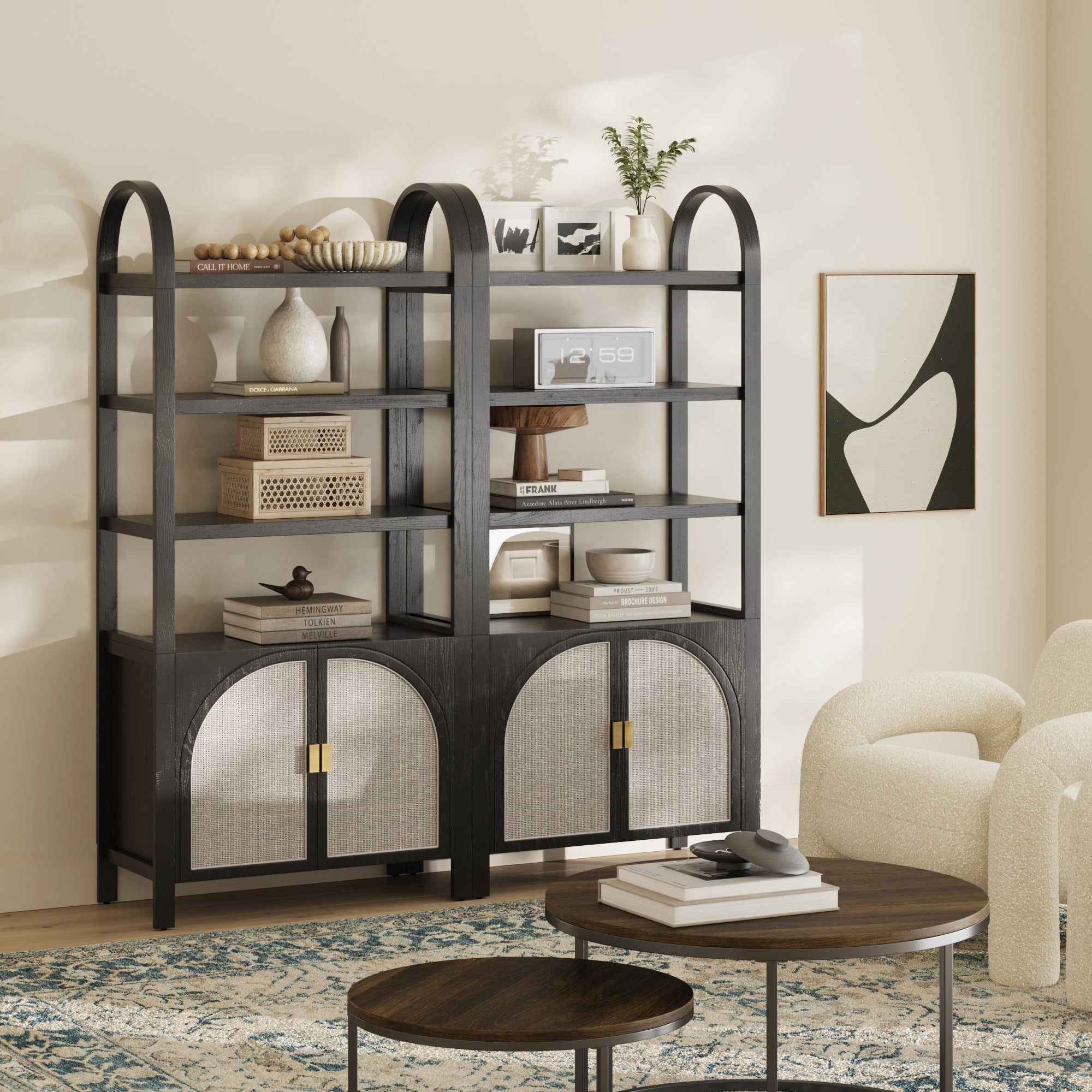 Arched Door Rattan Bookshelf Black Oak Set of 2