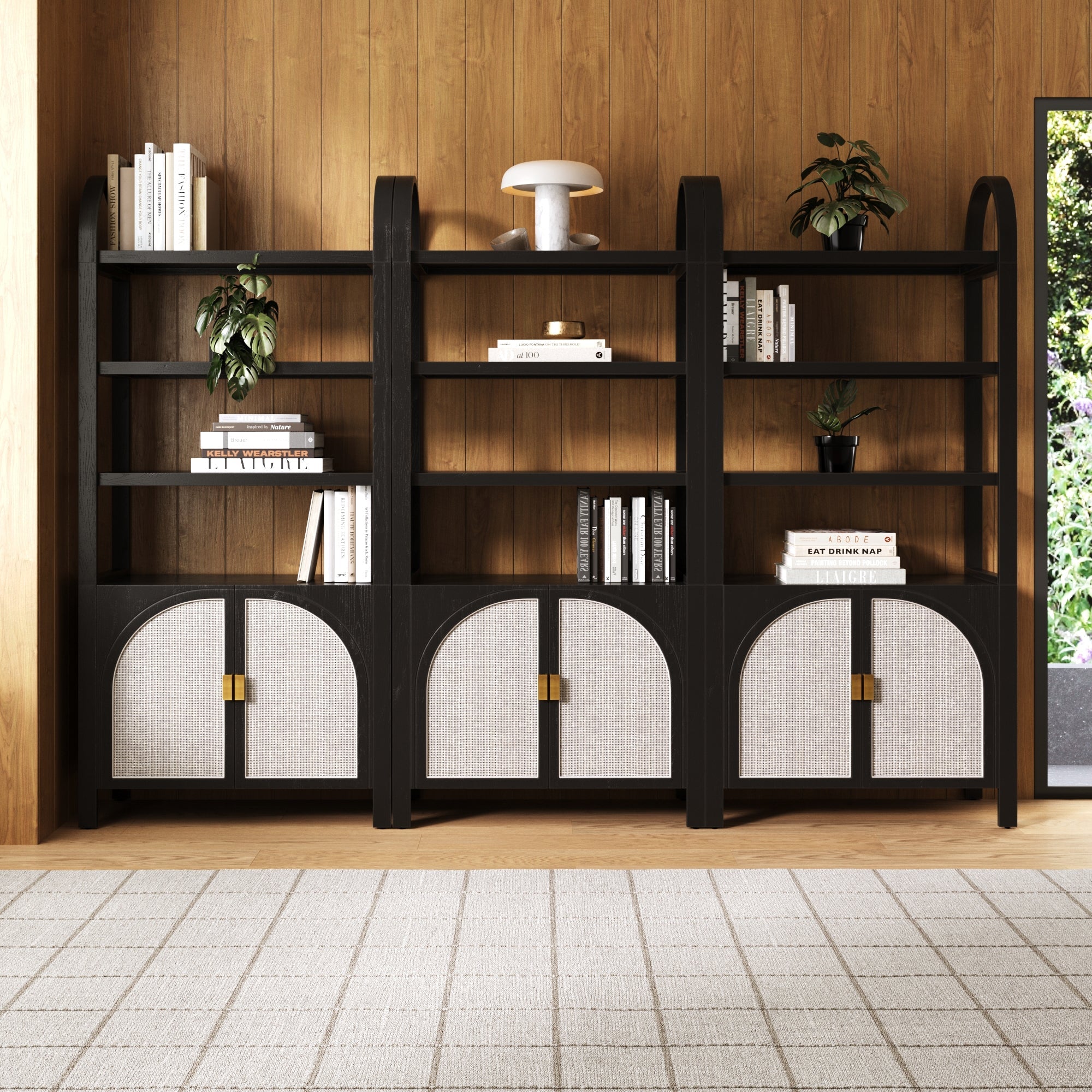 Arched Door Rattan Bookshelf Black Oak Set of 3