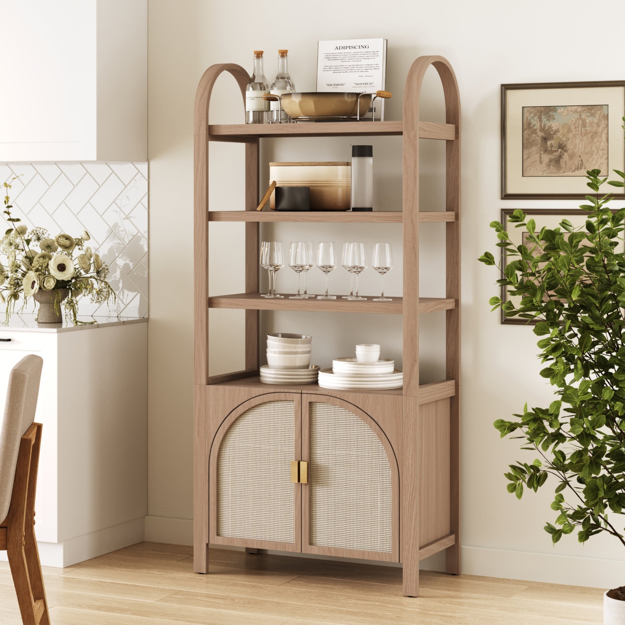 Arched Door Rattan Bookshelf Raw Oak