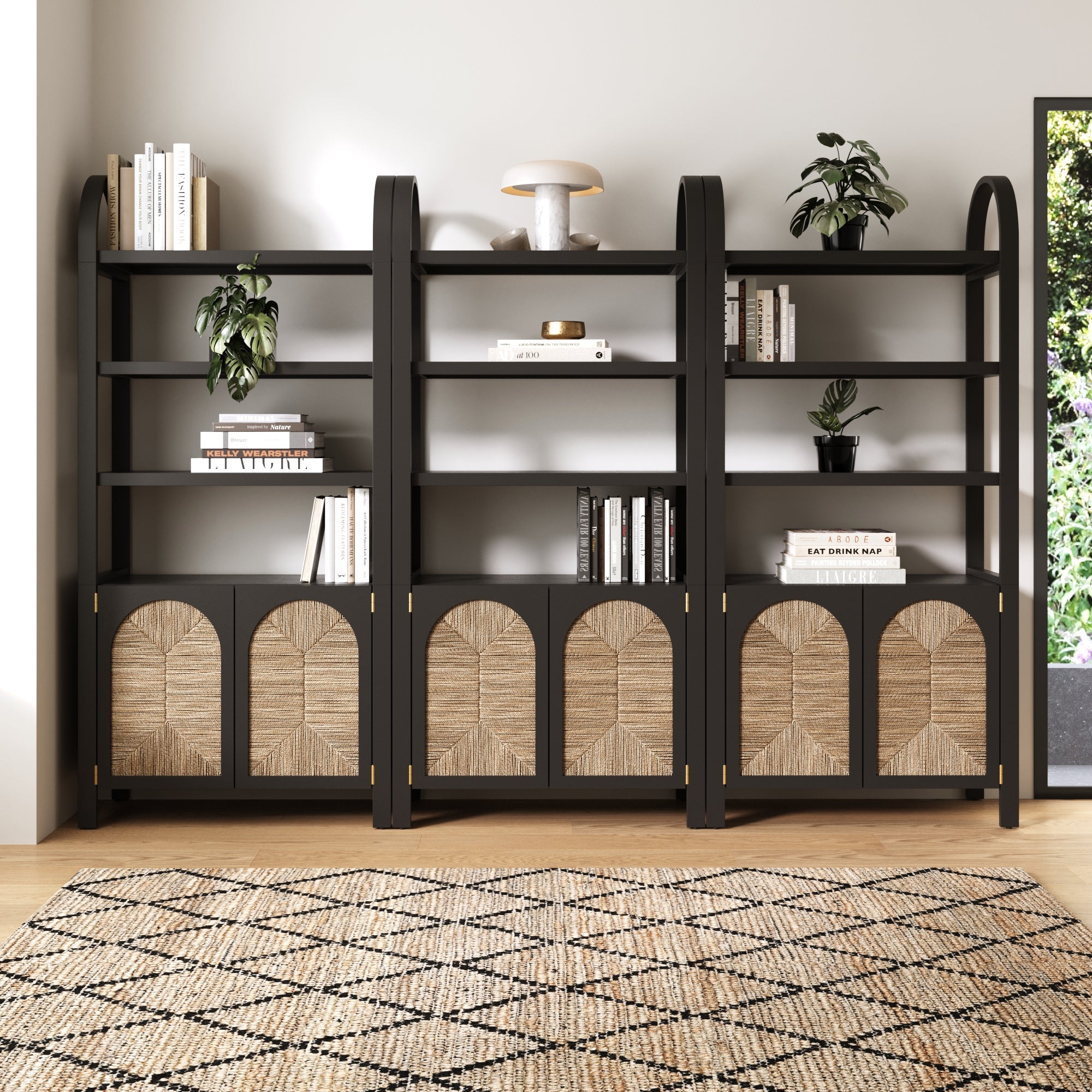 Boho Seagrass Arched Bookshelf Black (Set of 3)