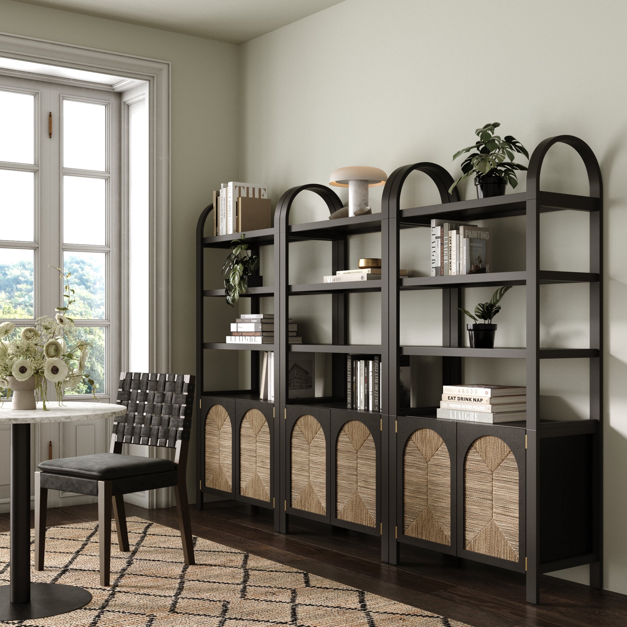 Boho Seagrass Arched Bookshelf Black (Set of 3)