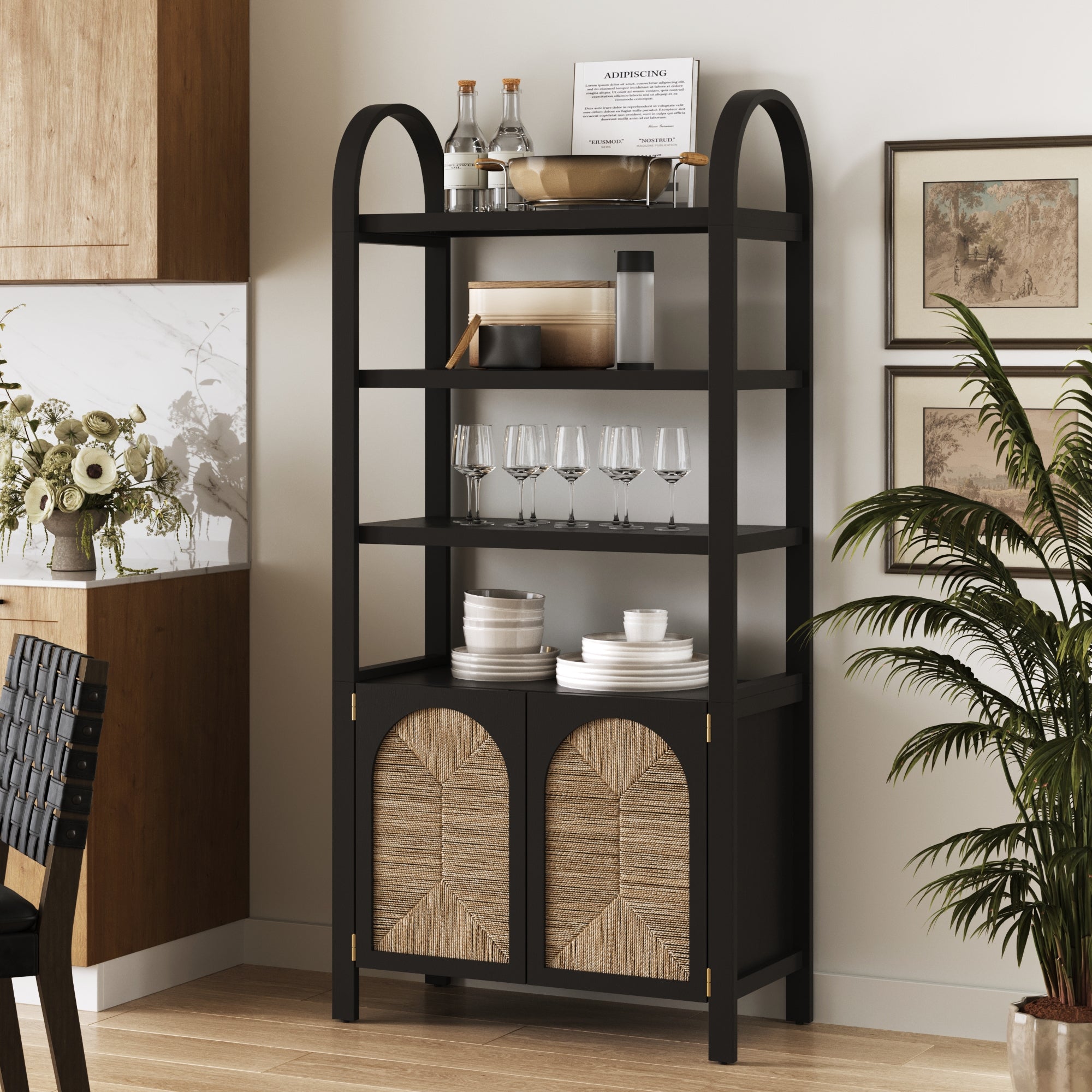 Boho Seagrass Arched Bookshelf Black